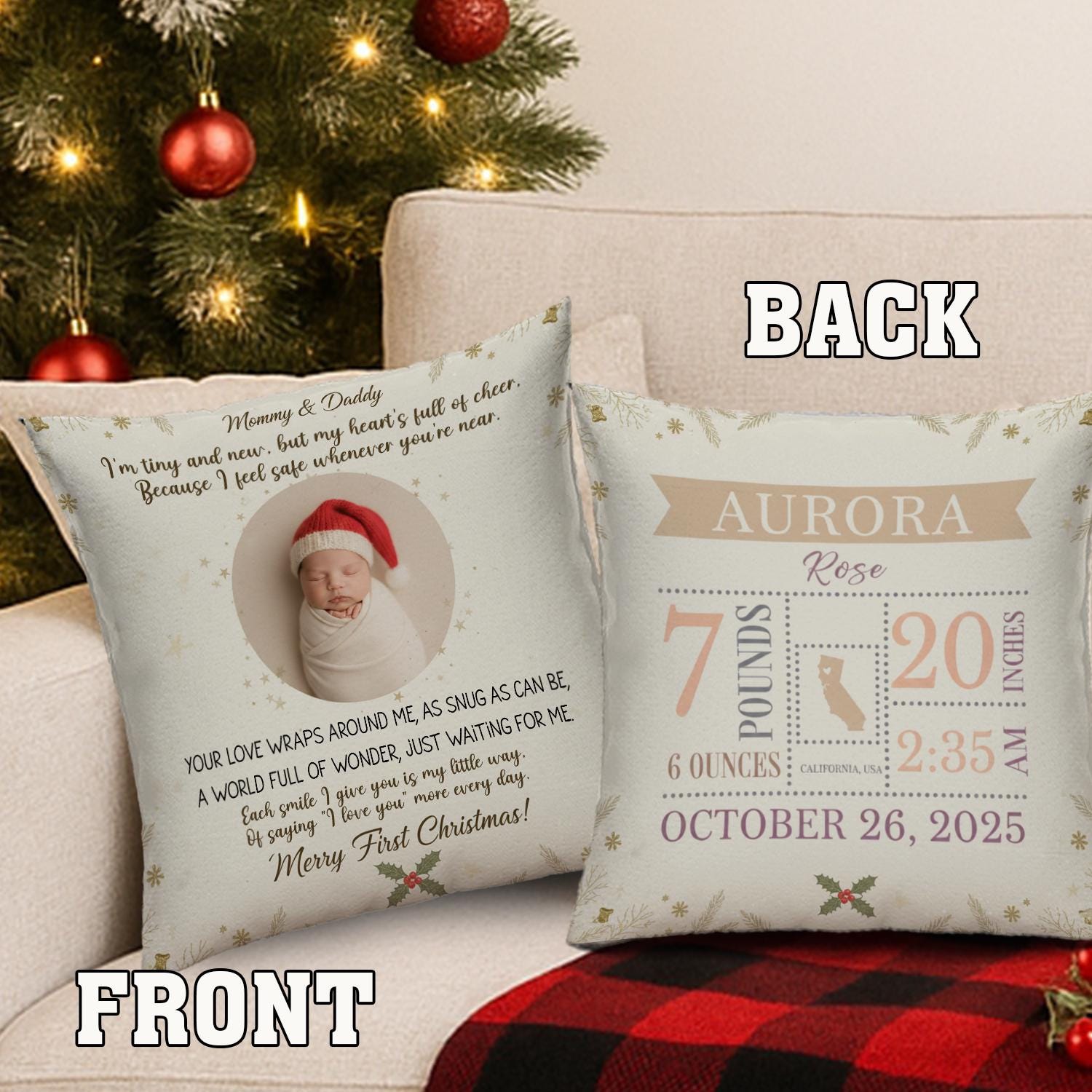 Custom Baby Birth Stats Pillow with Photo, Newborn Christmas Cushion, Personalized Nursery Decor