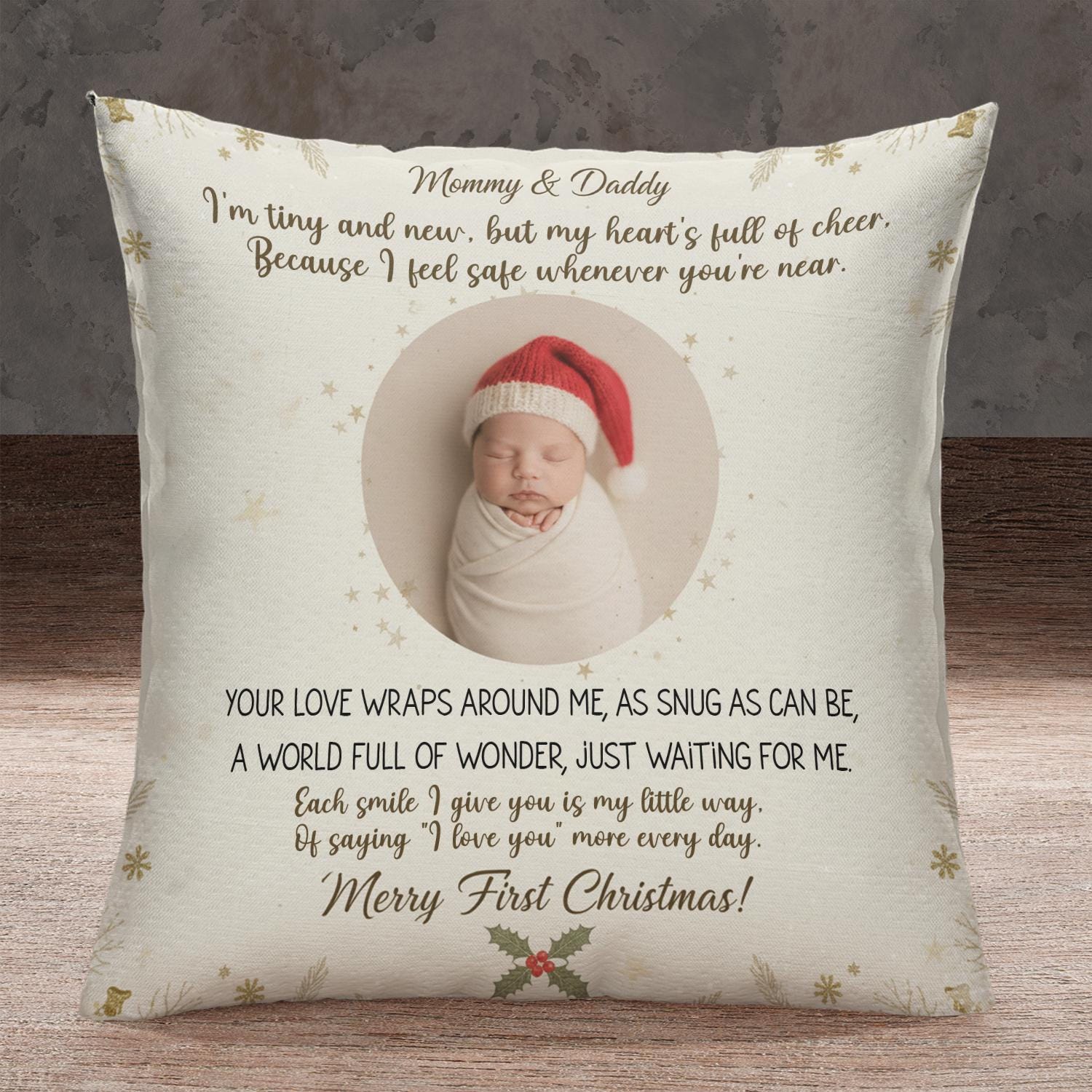 Custom Baby Birth Stats Pillow with Photo, Newborn Christmas Cushion, Personalized Nursery Decor