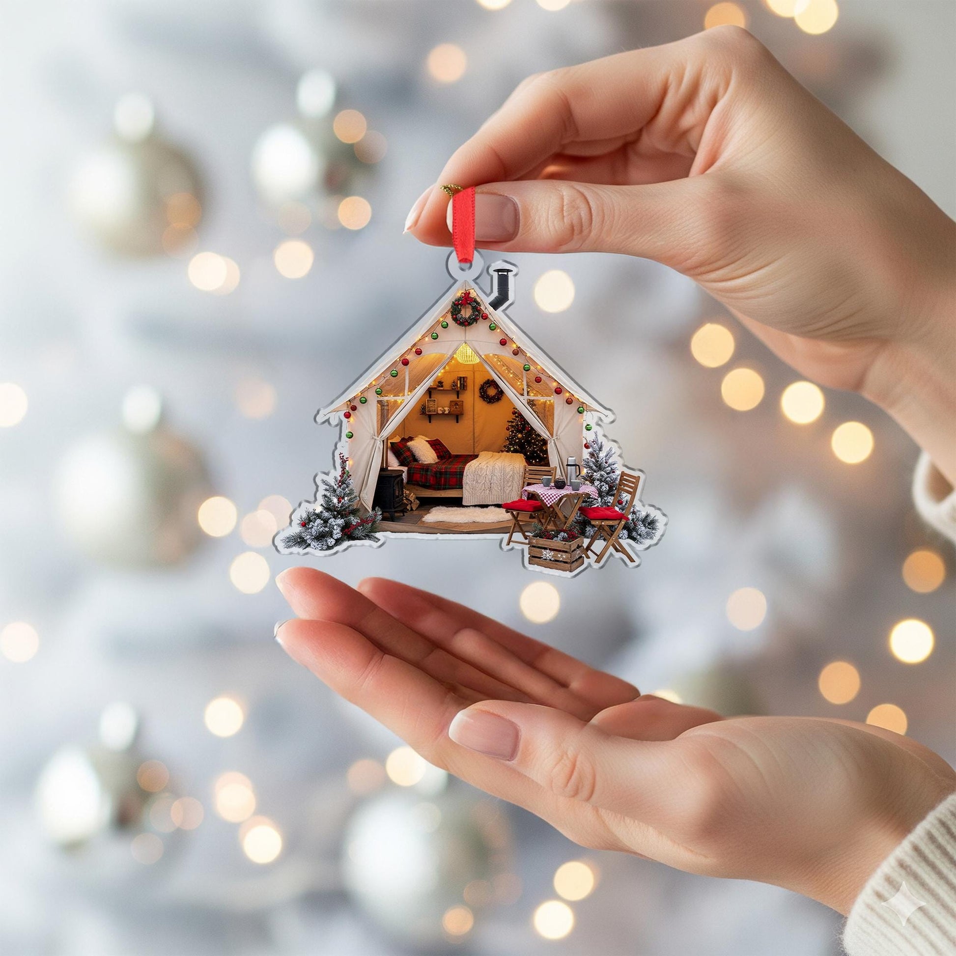 Cozy Glamping Tent Christmas Ornament: Rustic Cabin Holiday Decoration