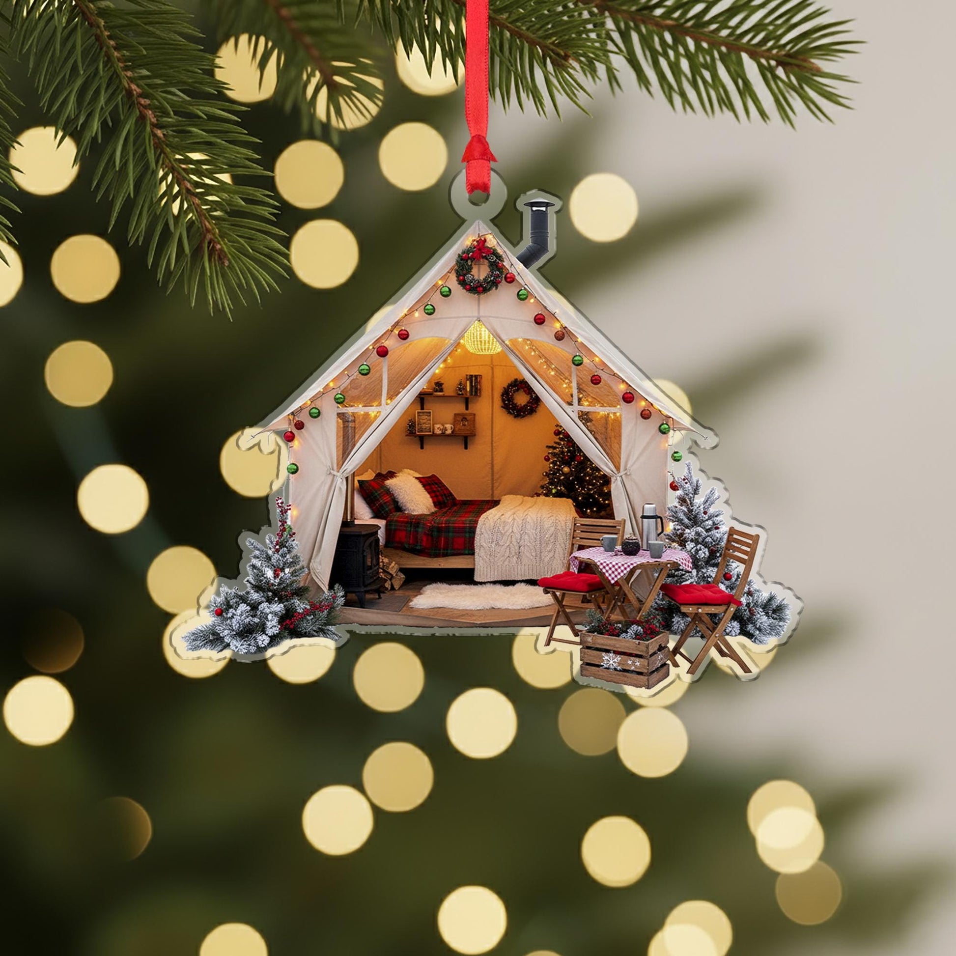 Cozy Glamping Tent Christmas Ornament: Rustic Cabin Holiday Decoration