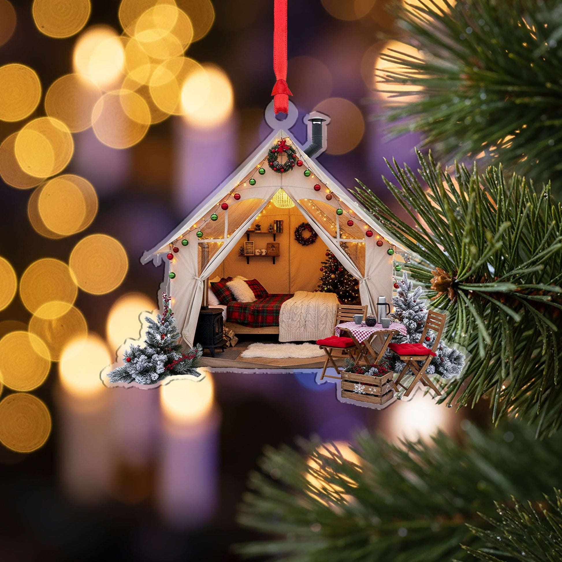 Cozy Glamping Tent Christmas Ornament: Rustic Cabin Holiday Decoration
