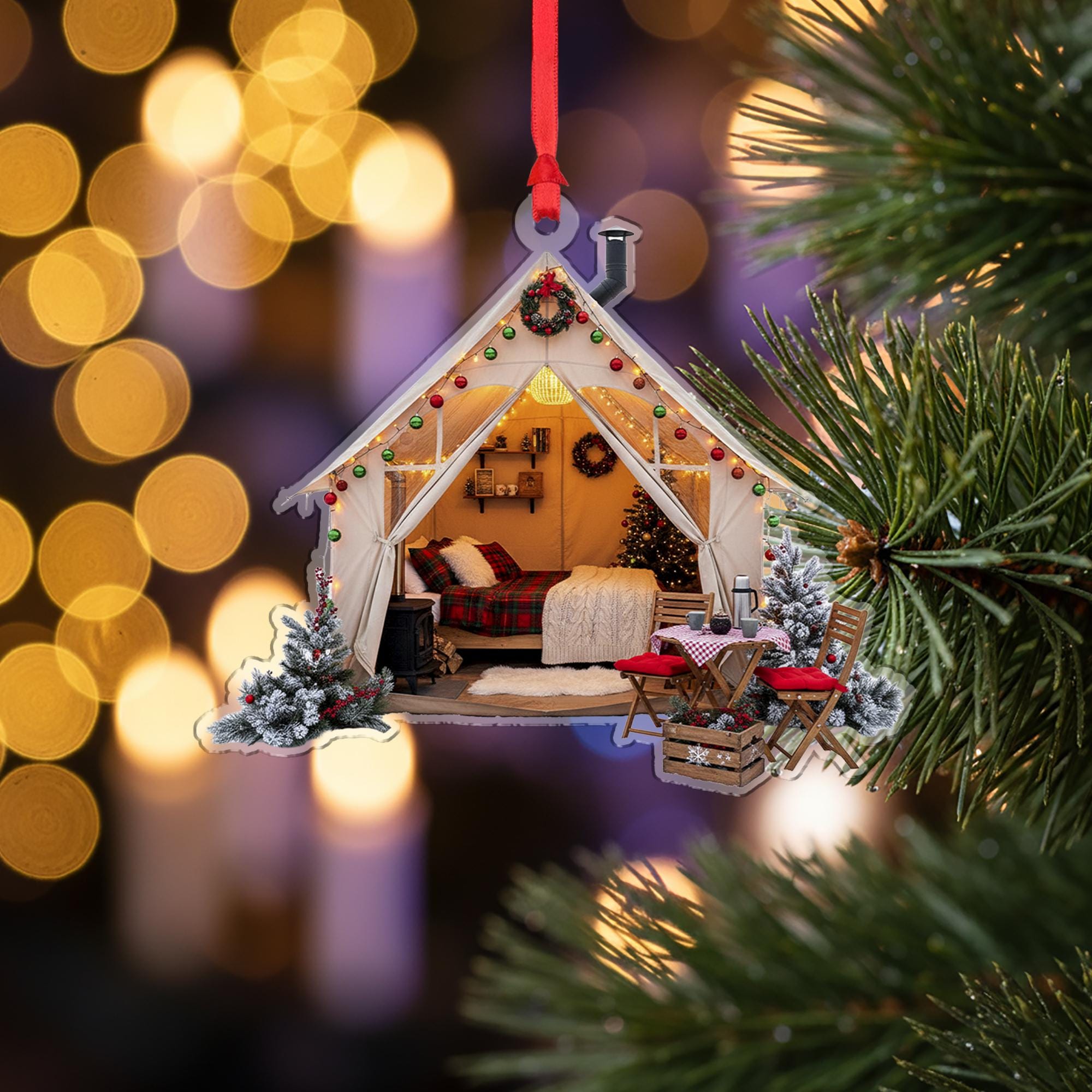 Cozy Glamping Tent Christmas Ornament: Rustic Cabin Holiday Decoration