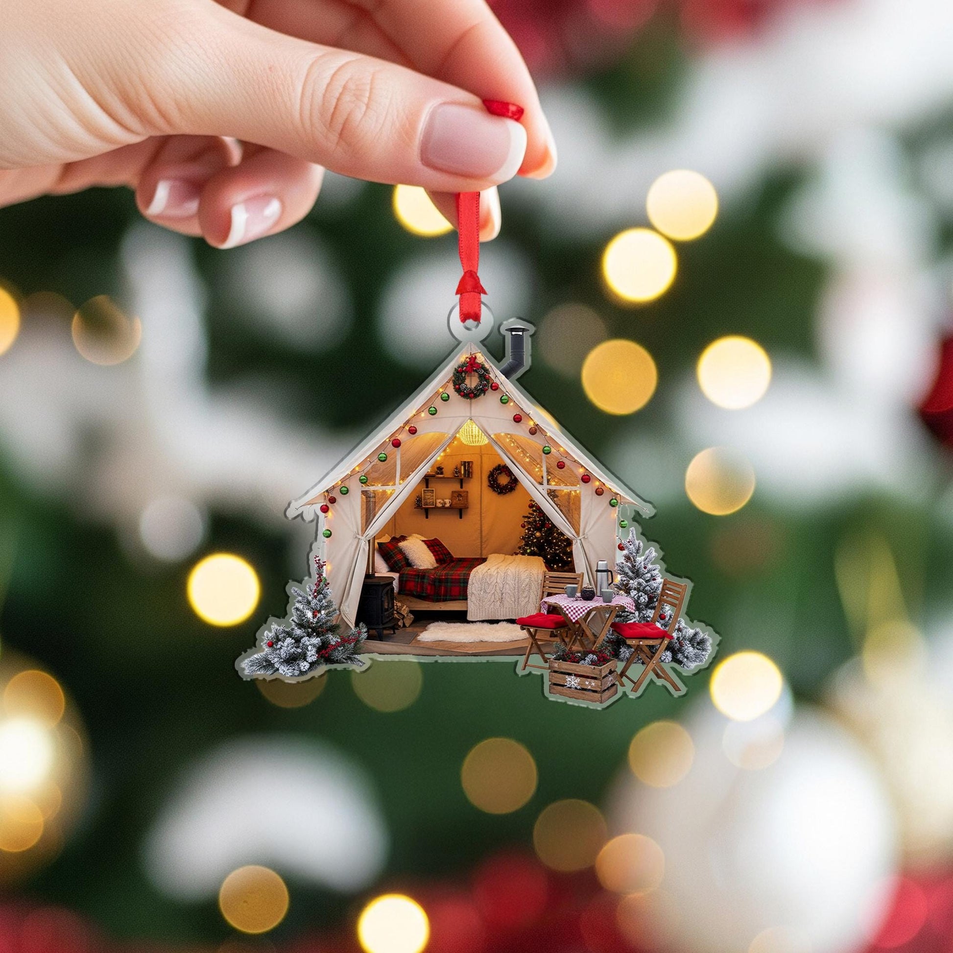 Cozy Glamping Tent Christmas Ornament: Rustic Cabin Holiday Decoration