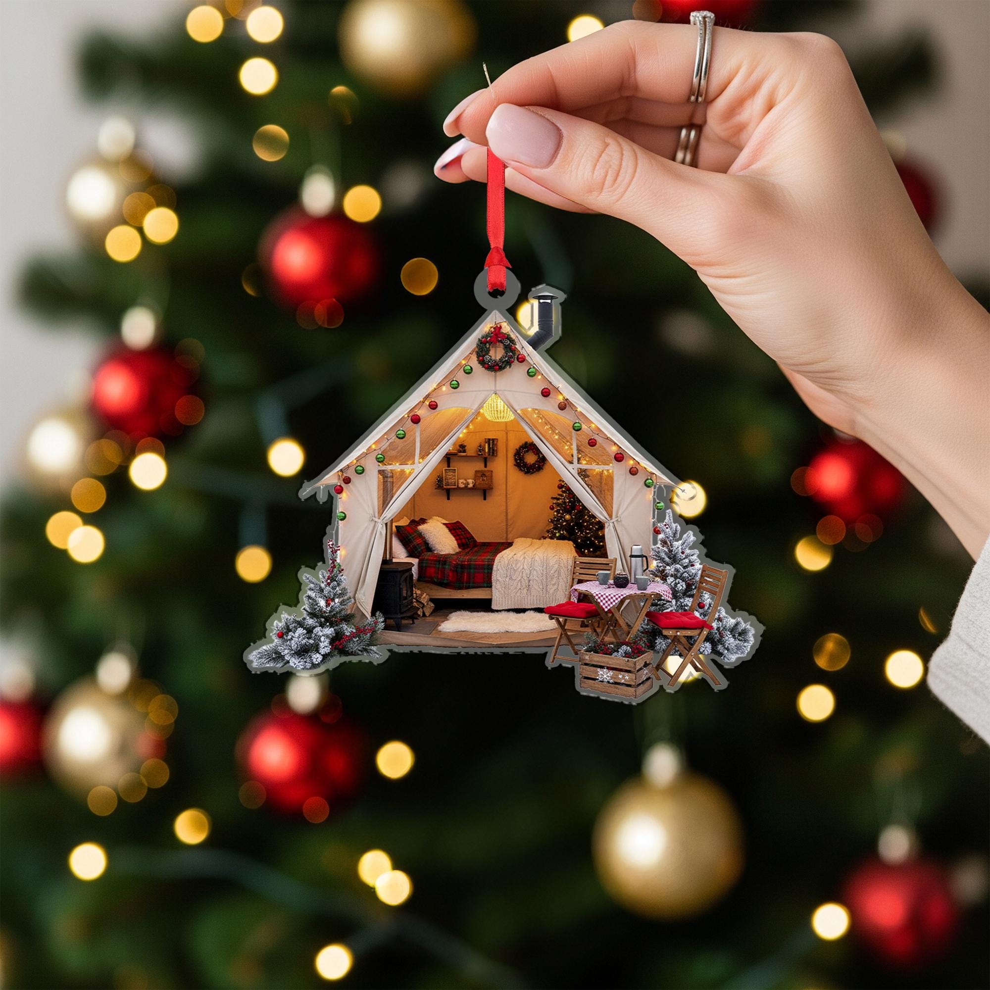 Cozy Glamping Tent Christmas Ornament: Rustic Cabin Holiday Decoration