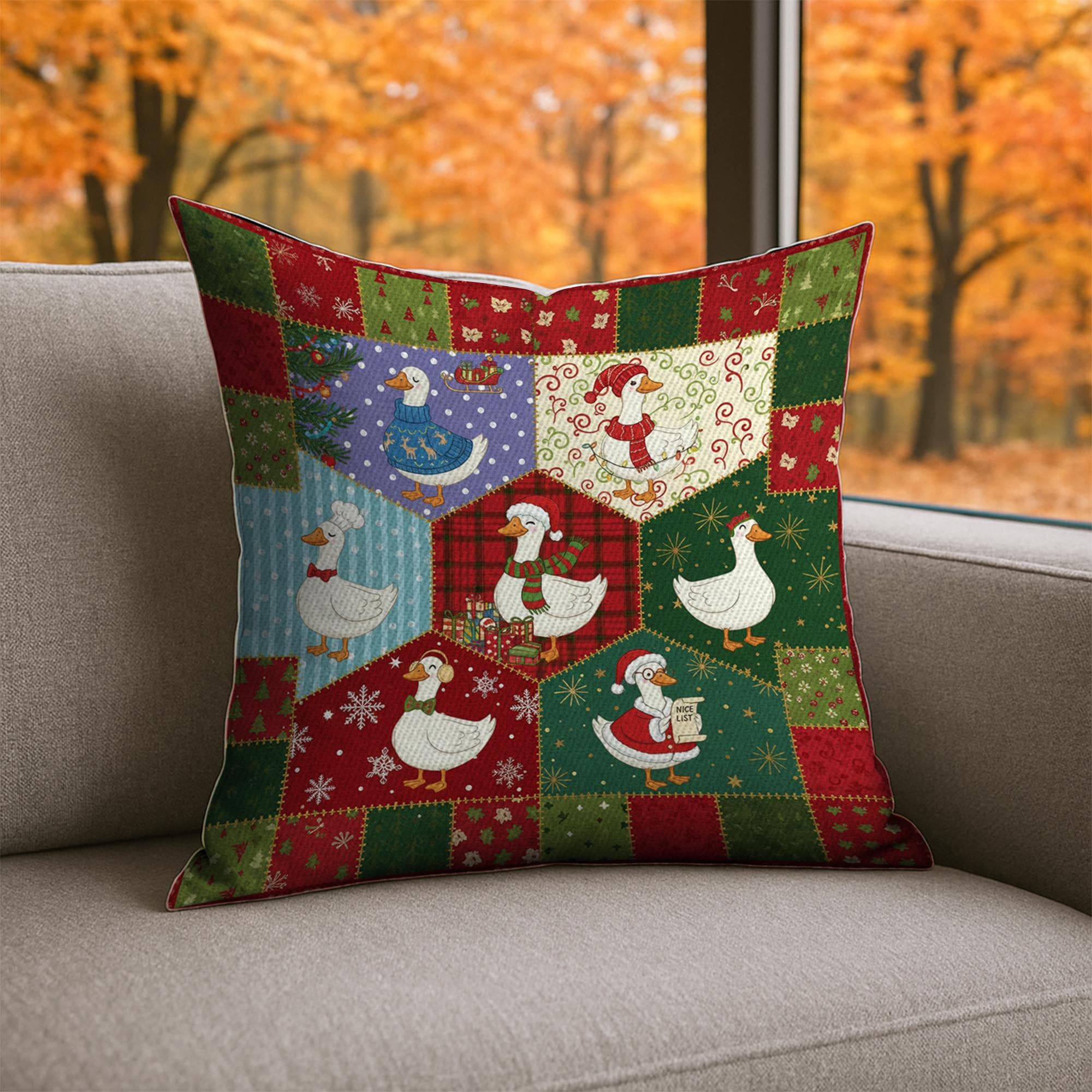 Christmas Goose Pillow – Farmhouse Holiday Cushion with Festive Winter Goose Design