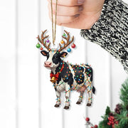 Cow Christmas Ornament – Farm Animal with Antlers and Holiday Lights Decoration