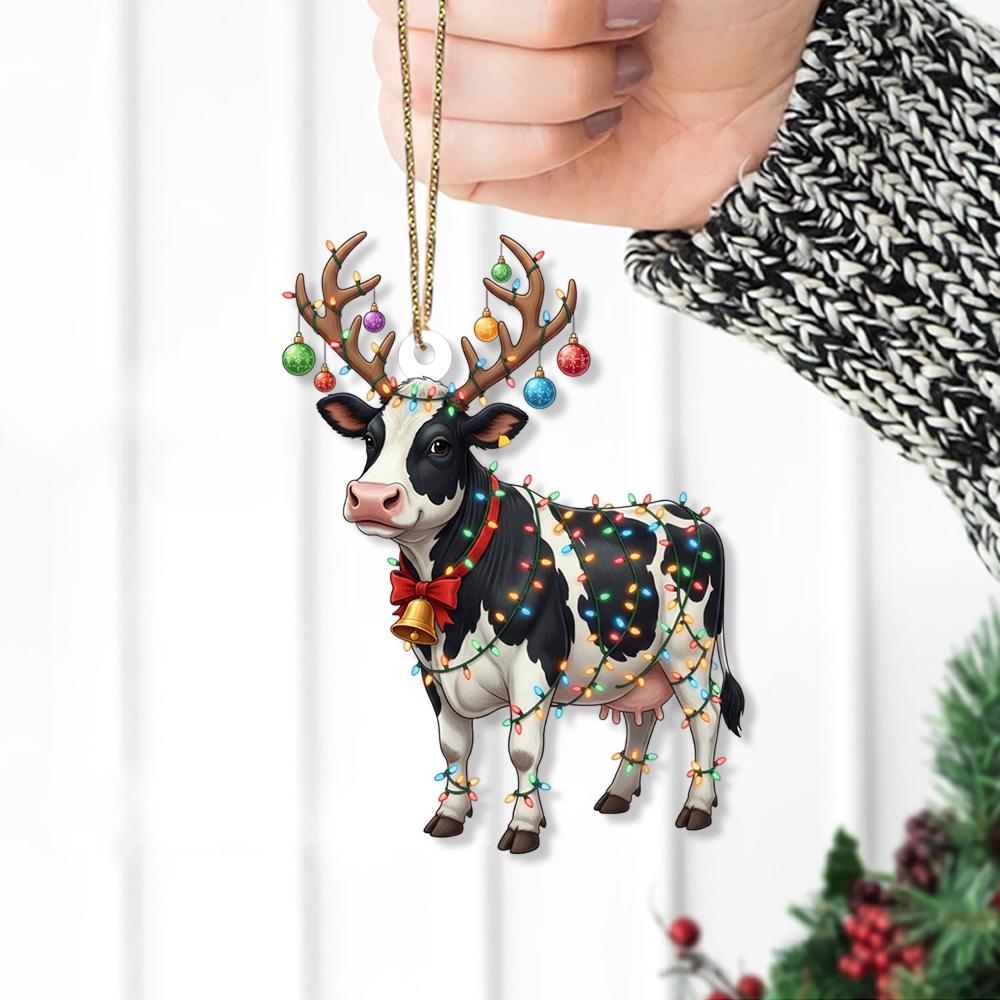 Cow Christmas Ornament – Farm Animal with Antlers and Holiday Lights Decoration