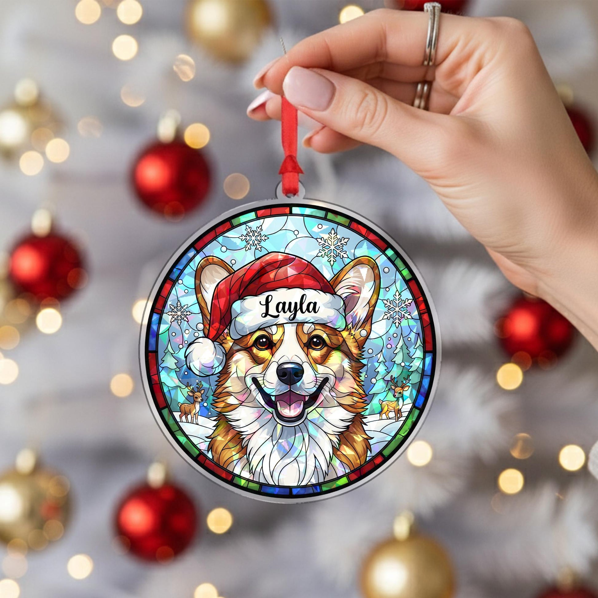 Personalized Corgi Christmas Ornament – Custom Dog Name, Stained Glass Style Decoration
