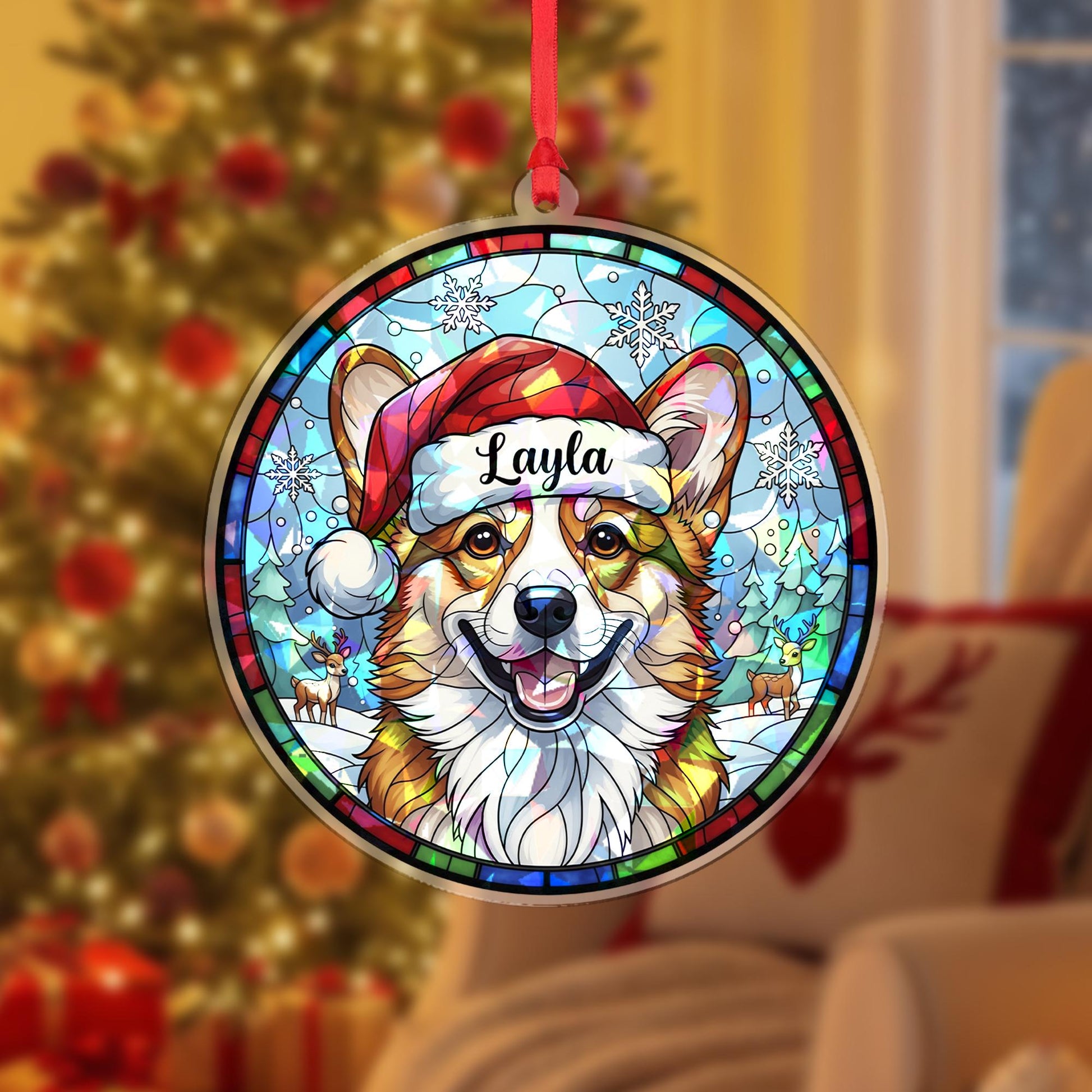 Personalized Corgi Christmas Ornament – Custom Dog Name, Stained Glass Style Decoration