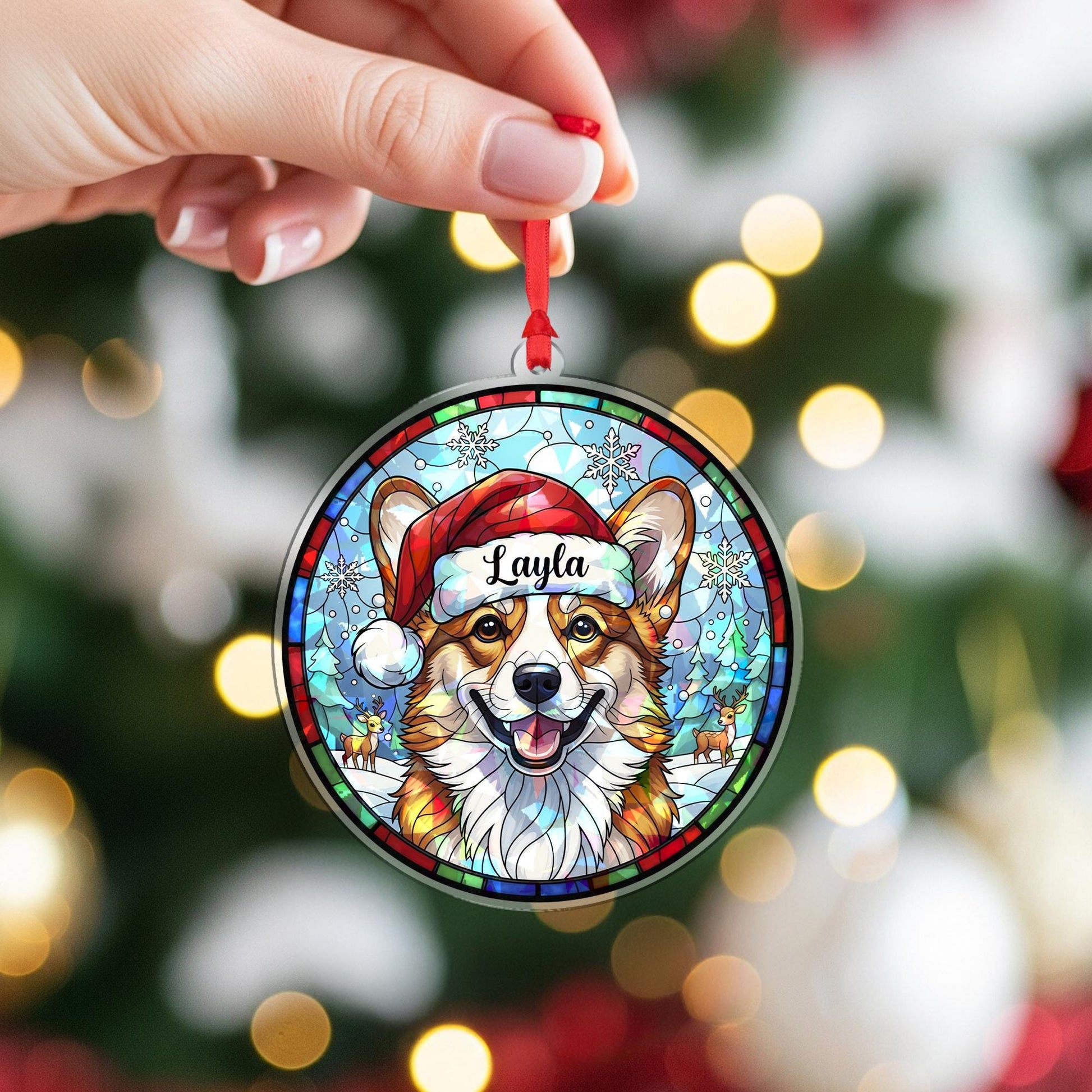 Personalized Corgi Christmas Ornament – Custom Dog Name, Stained Glass Style Decoration