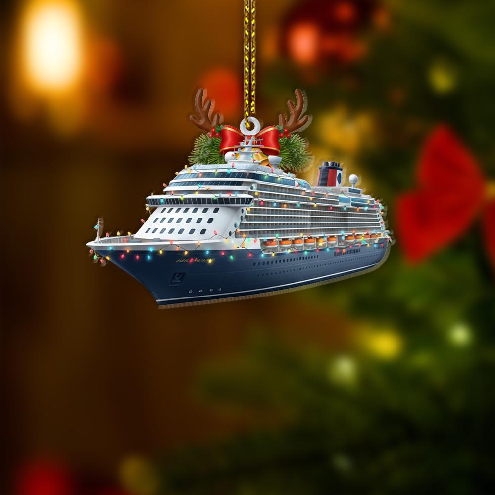 Cruise Ship Ornament – Ocean Liner with Christmas Lights and Antlers Decoration