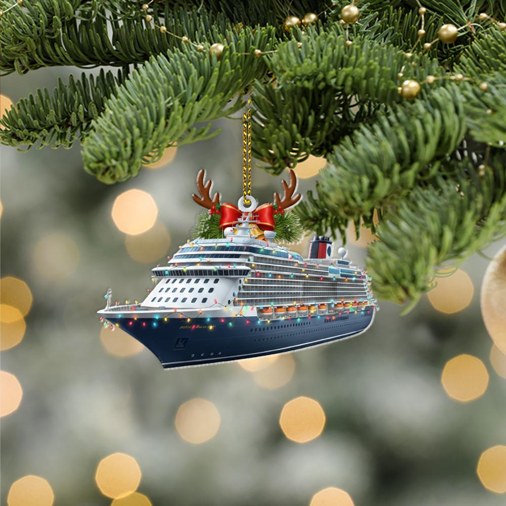 Cruise Ship Ornament – Ocean Liner with Christmas Lights and Antlers Decoration