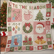 Christmas Quilt Blanket – Patchwork Throw, Ornaments Tree Wreath Santa, Printed