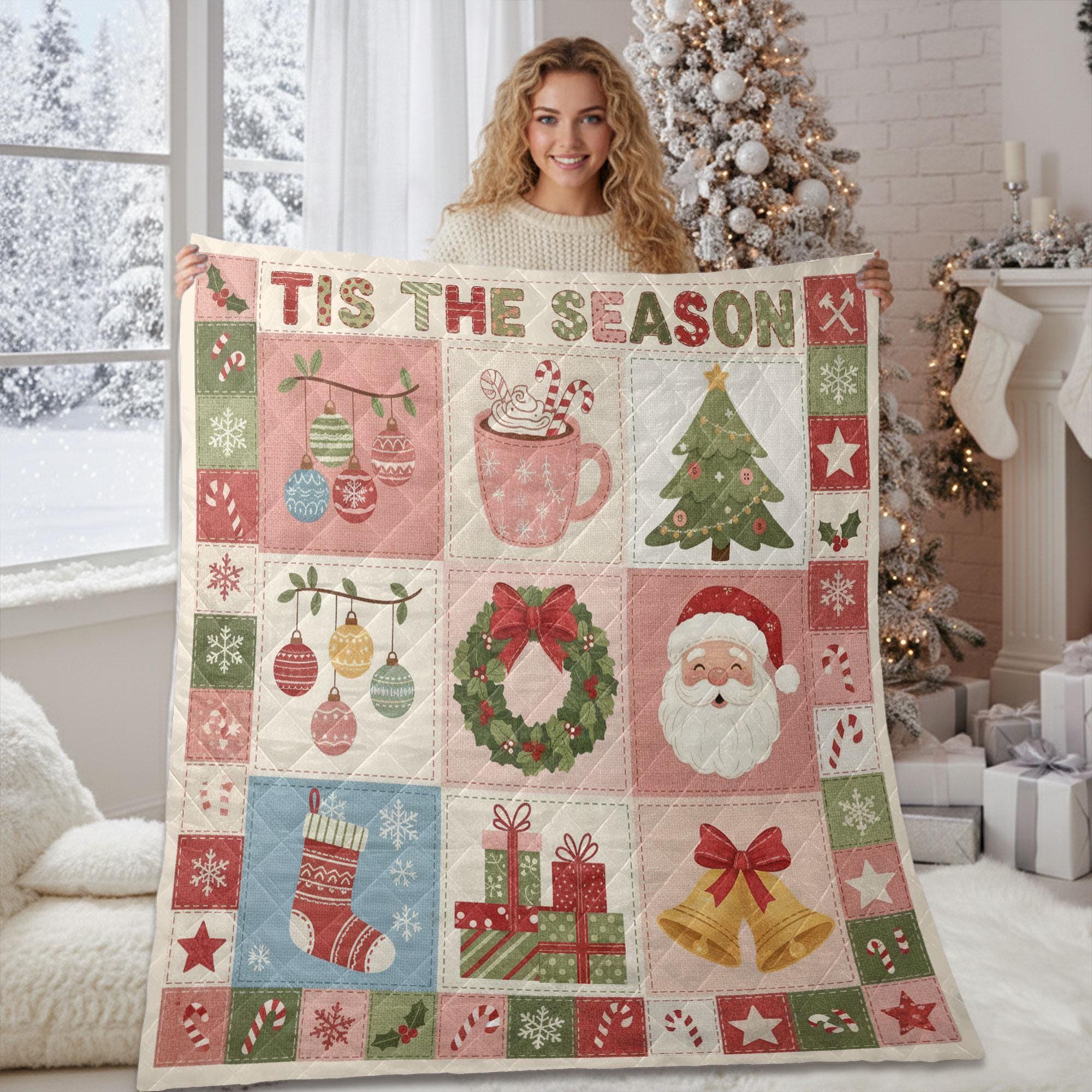 Christmas Quilt Blanket – Patchwork Throw, Ornaments Tree Wreath Santa, Printed