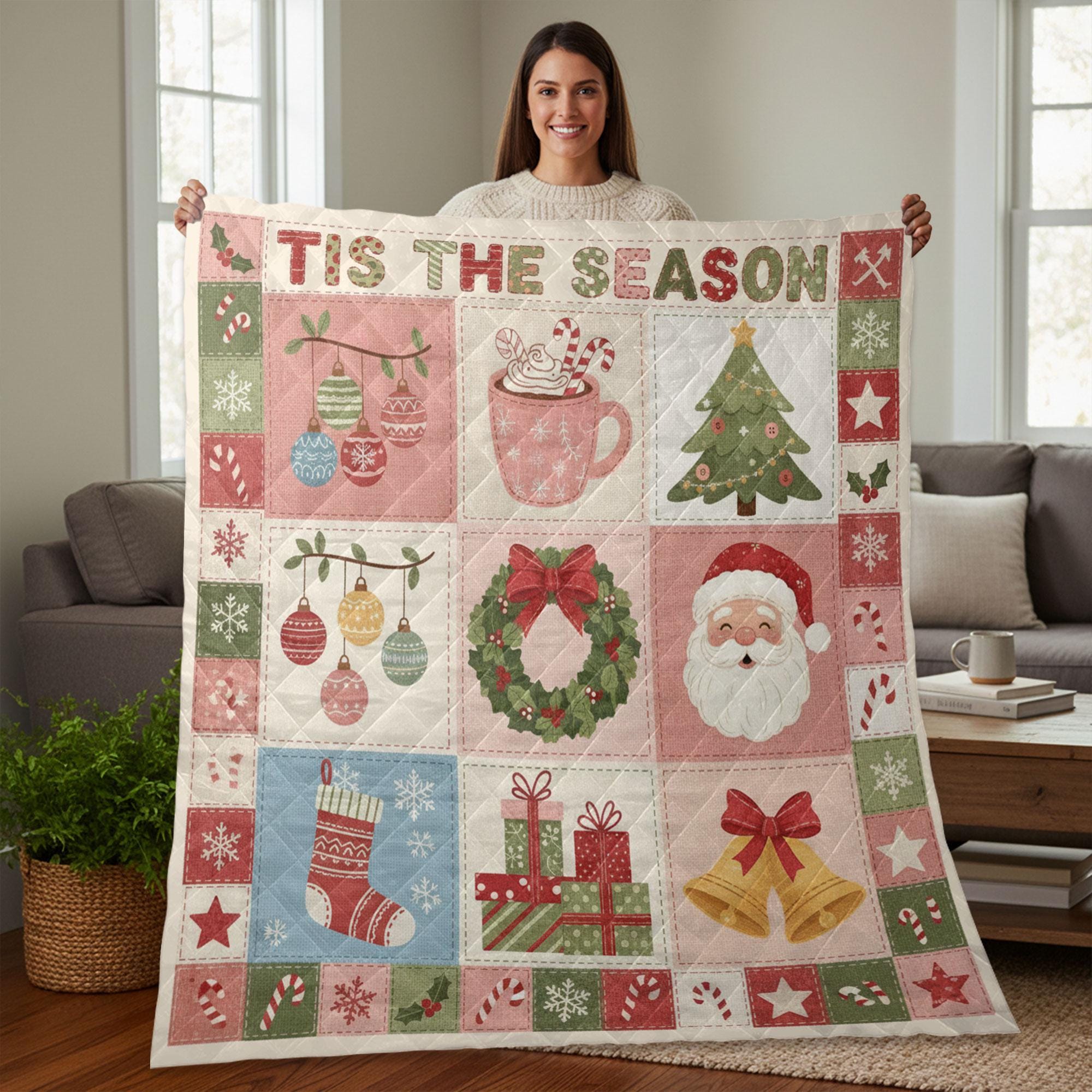 Christmas Quilt Blanket – Patchwork Throw, Ornaments Tree Wreath Santa, Printed
