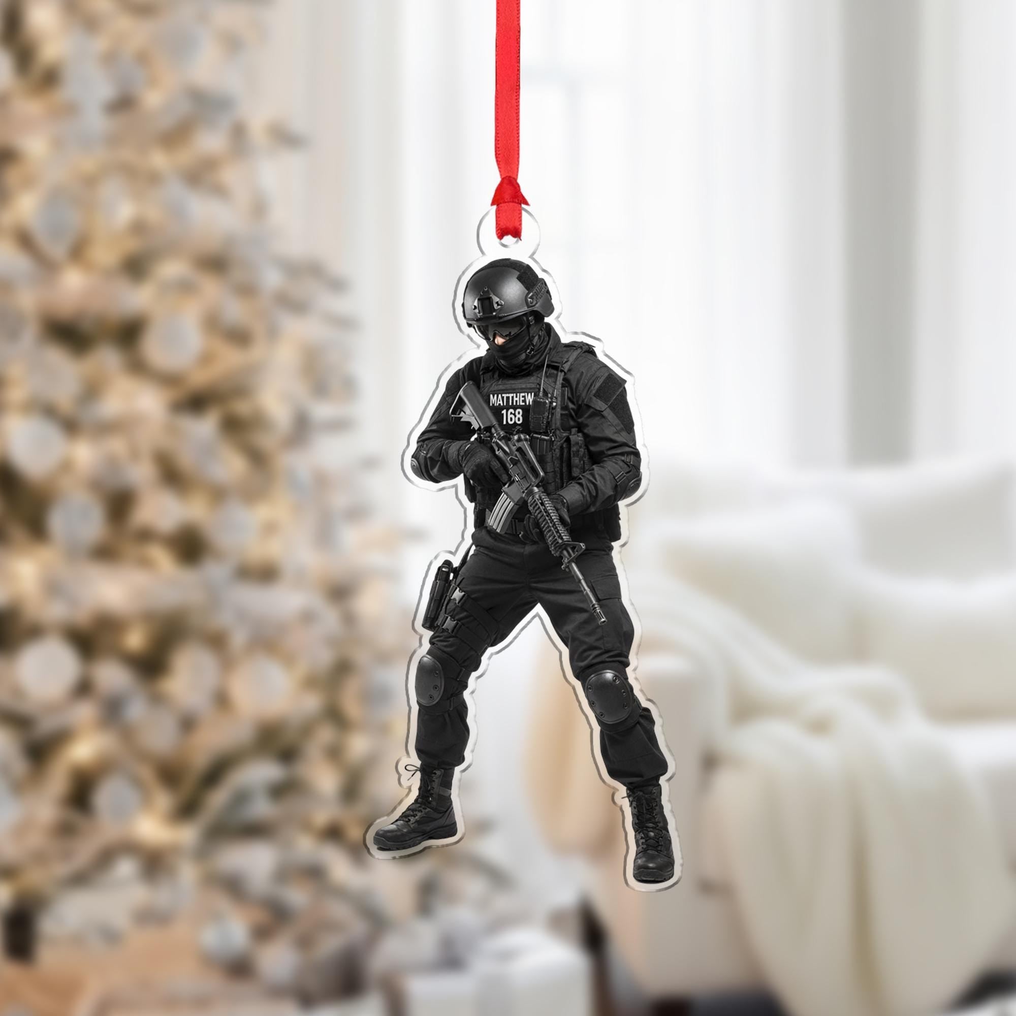 Personalized SWAT Ornament – Custom Wooden Tactical Police Officer Christmas Decoration