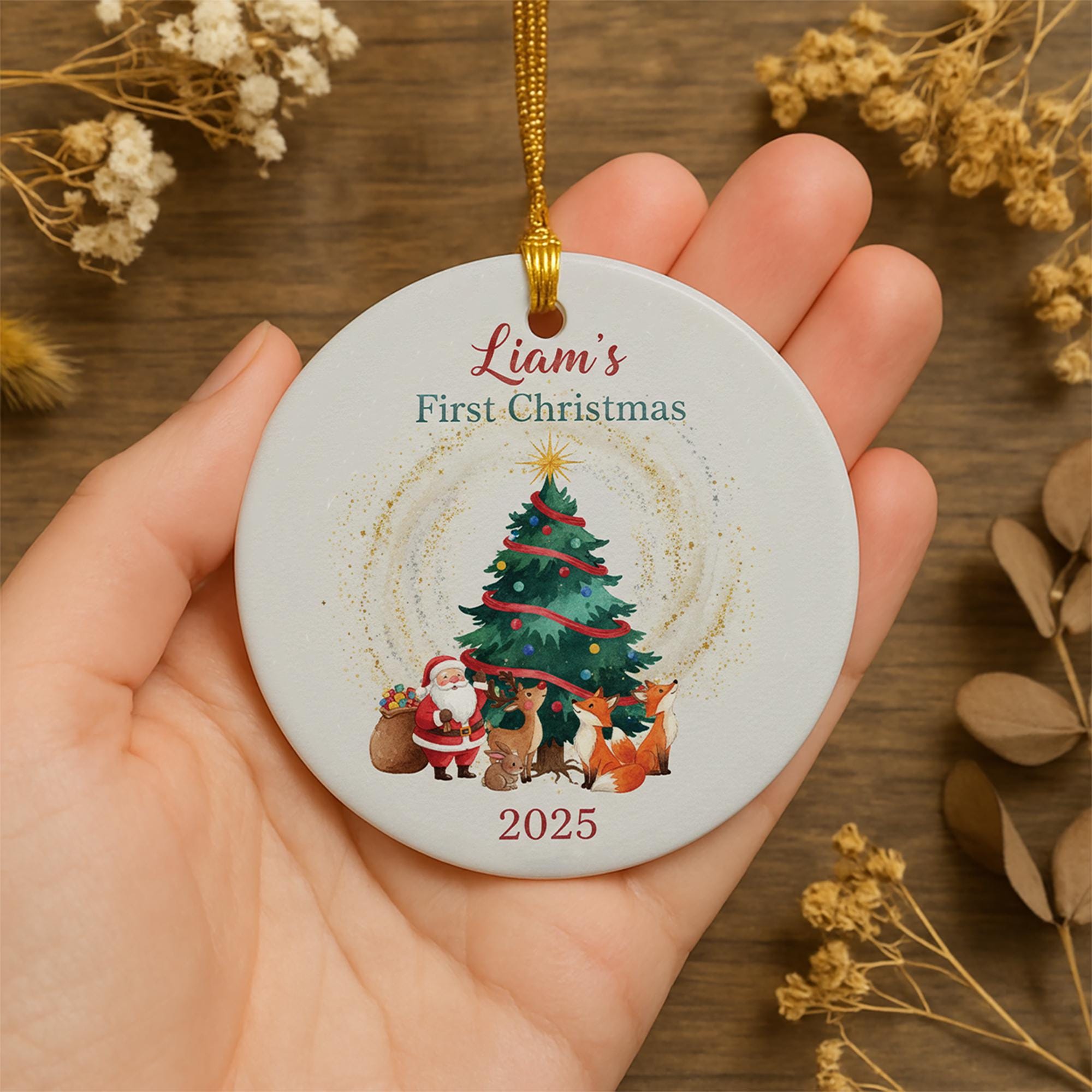 Baby’s First Christmas Ornament 2025: Personalized Santa and Woodland Animals Ceramic Ornament Gift