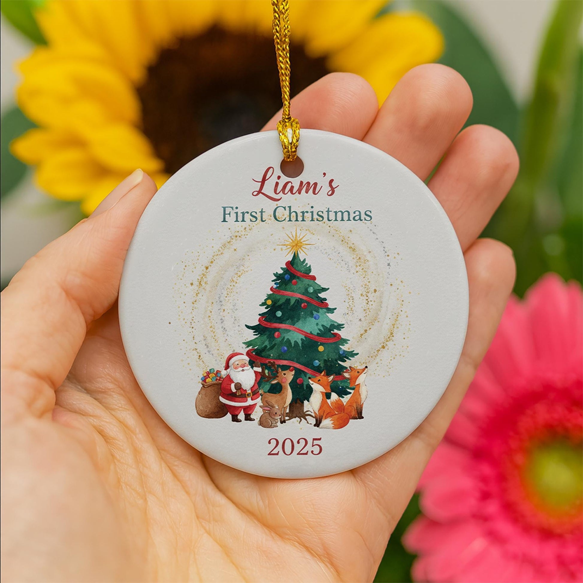 Baby’s First Christmas Ornament 2025: Personalized Santa and Woodland Animals Ceramic Ornament Gift