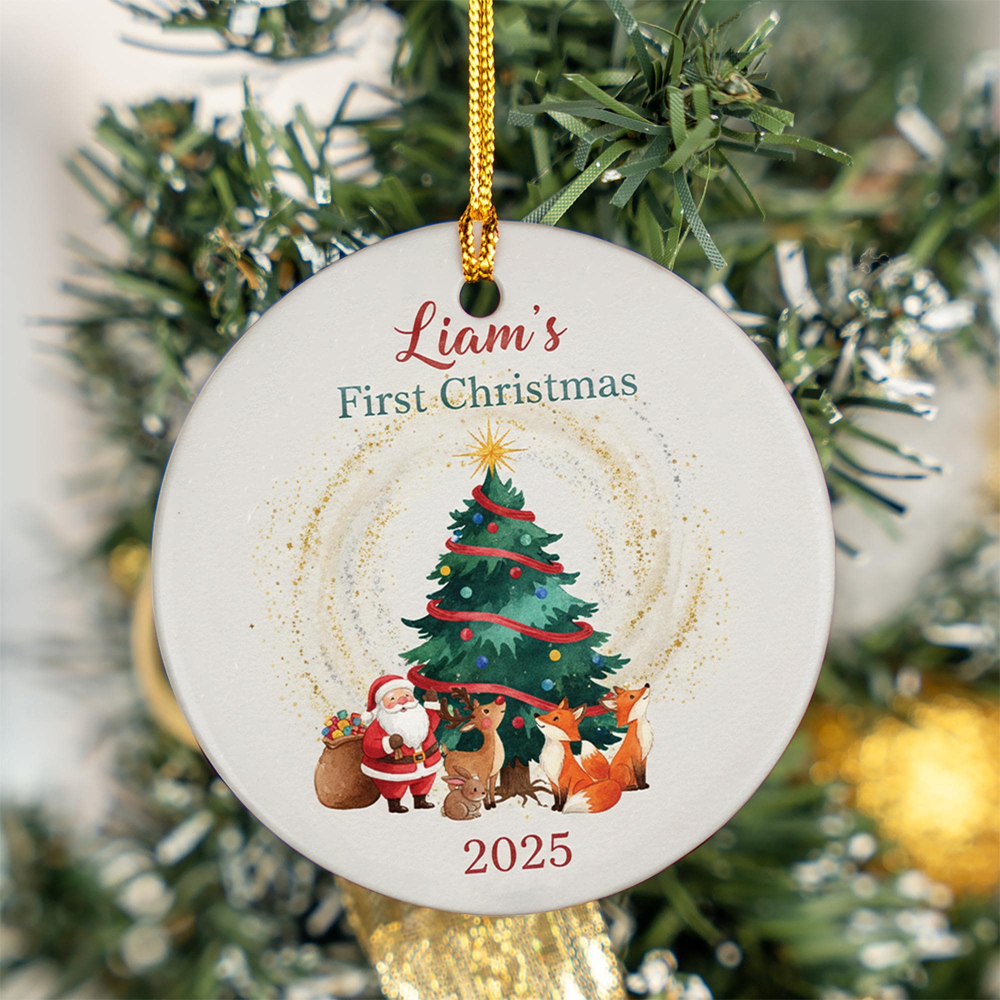 Baby’s First Christmas Ornament 2025: Personalized Santa and Woodland Animals Ceramic Ornament Gift