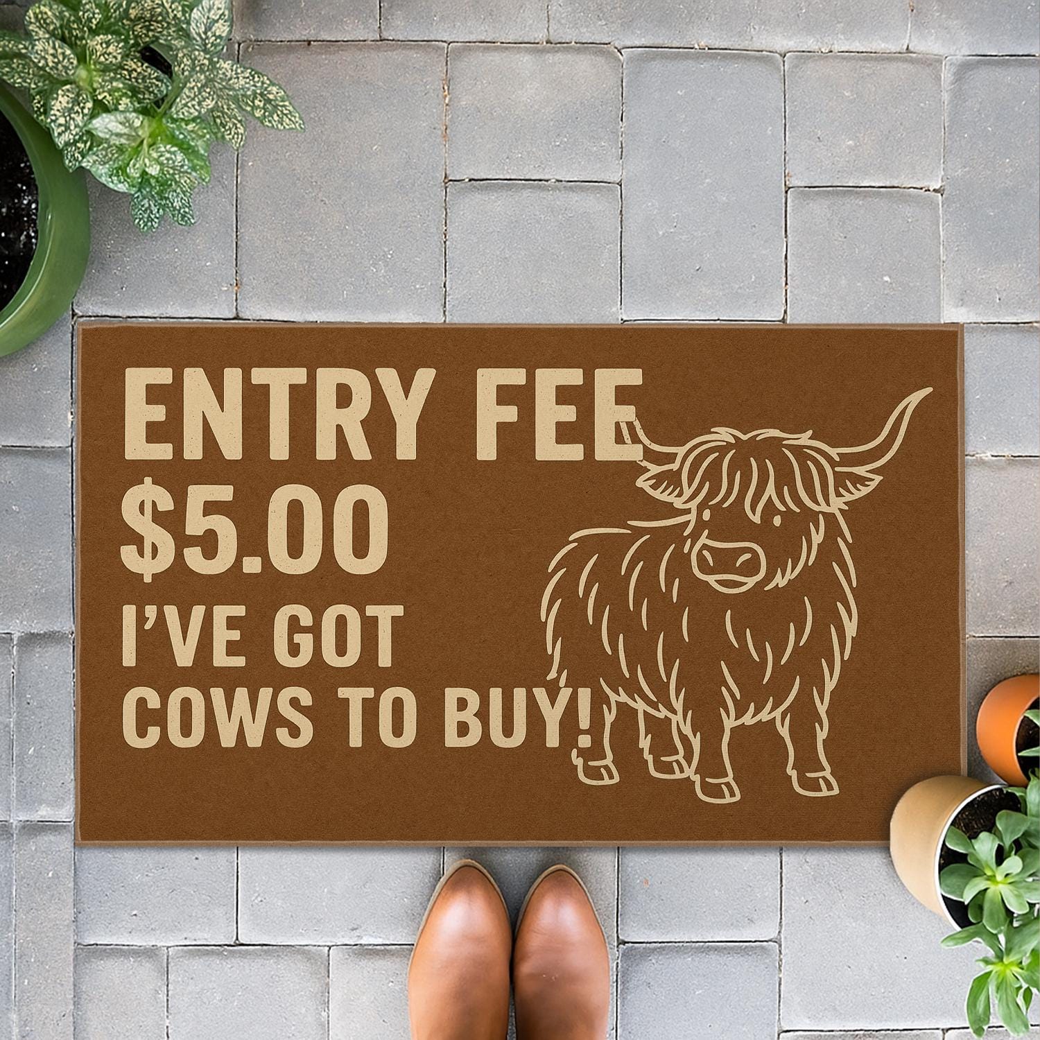 Coir Doormat – Entry Fee 5 Dollars Cows to Buy with Highland Cow Farmhouse Design