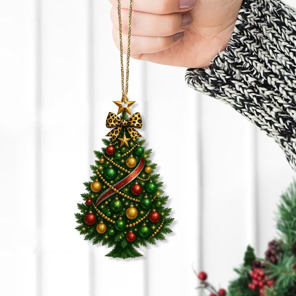 Christmas Tree Ornament with Leopard Bow, Hanging Holiday Decoration, Green Red Gold Bauble Design