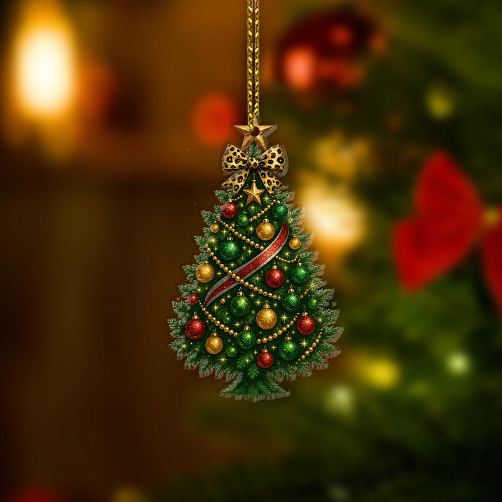 Christmas Tree Ornament with Leopard Bow, Hanging Holiday Decoration, Green Red Gold Bauble Design