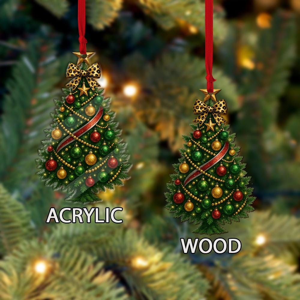 Christmas Tree Ornament with Leopard Bow, Hanging Holiday Decoration, Green Red Gold Bauble Design