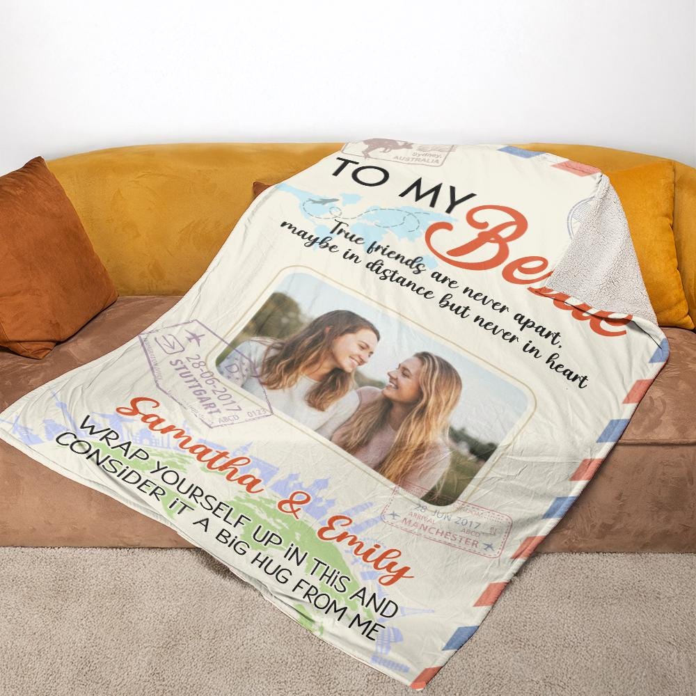 Custom Best Friend Photo Blanket, Personalized Travel Fleece Throw, Long Distance Friendship Keepsake