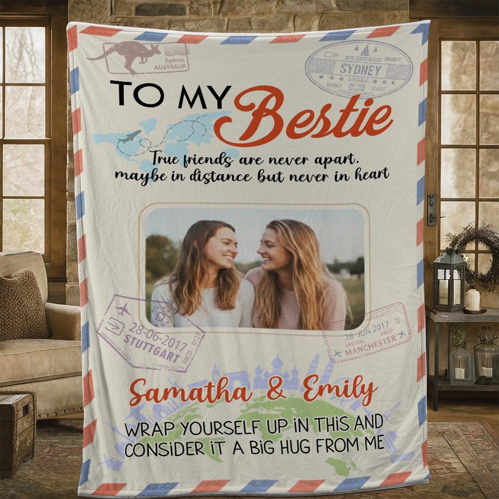 Custom Best Friend Photo Blanket, Personalized Travel Fleece Throw, Long Distance Friendship Keepsake