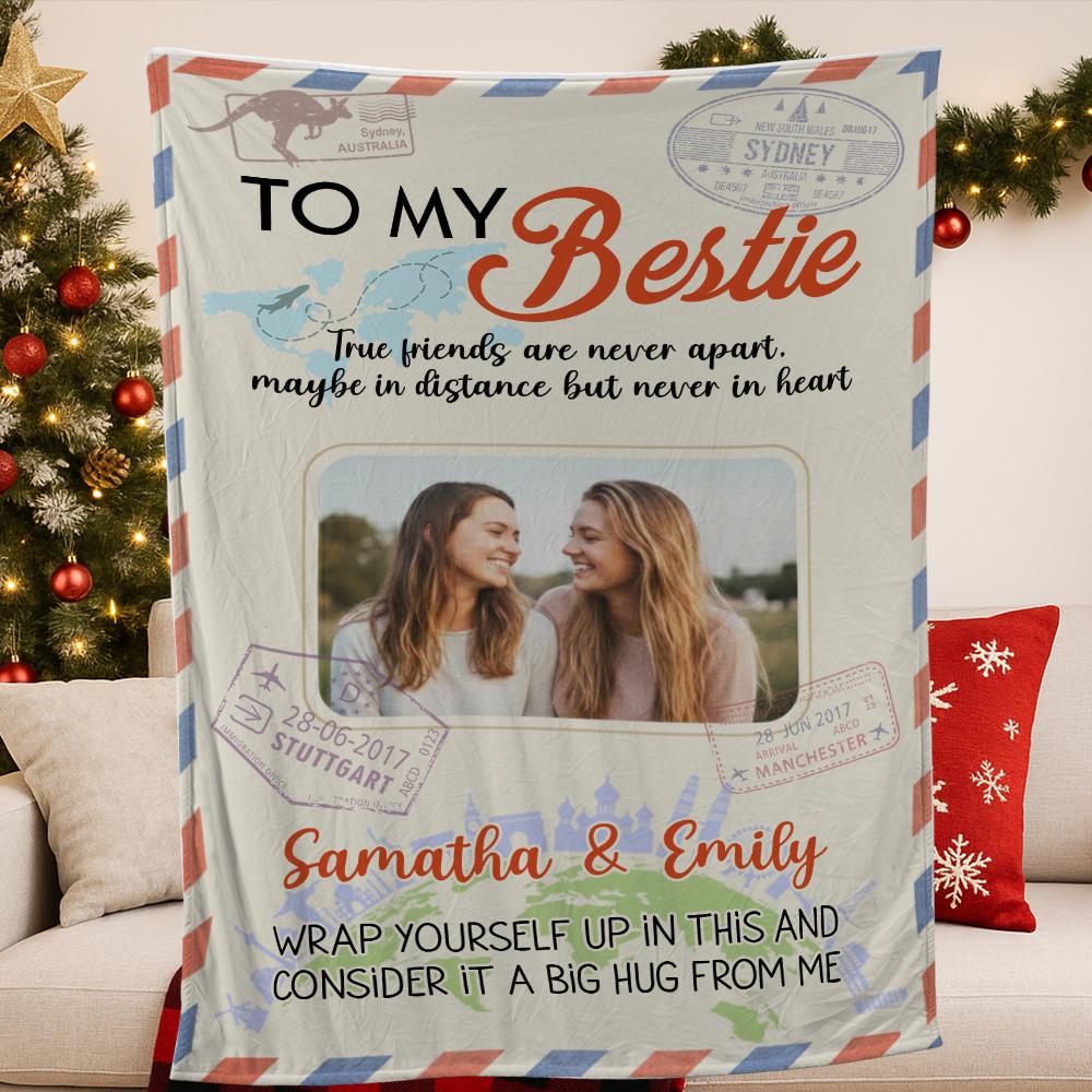 Custom Best Friend Photo Blanket, Personalized Travel Fleece Throw, Long Distance Friendship Keepsake
