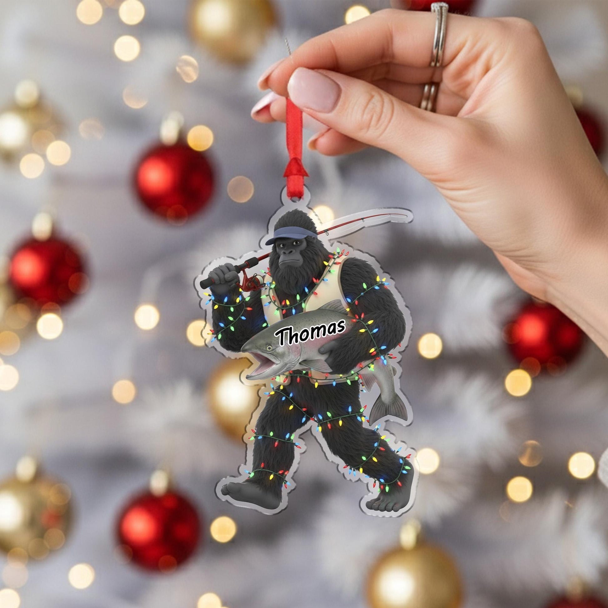 Personalized Sasquatch Bigfoot Fisherman Acrylic Ornament: Funny Fishing Christmas Decor