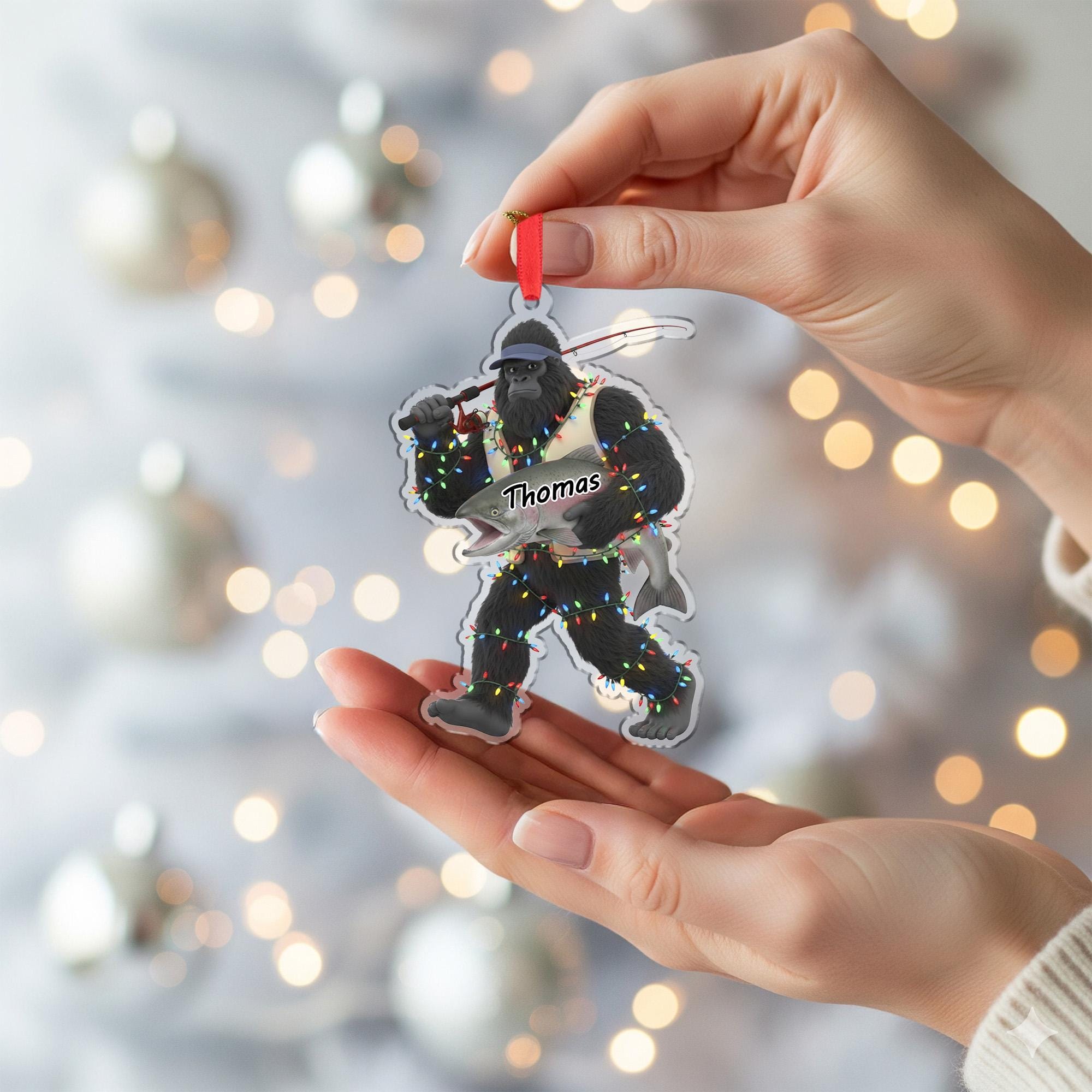 Personalized Sasquatch Bigfoot Fisherman Acrylic Ornament: Funny Fishing Christmas Decor