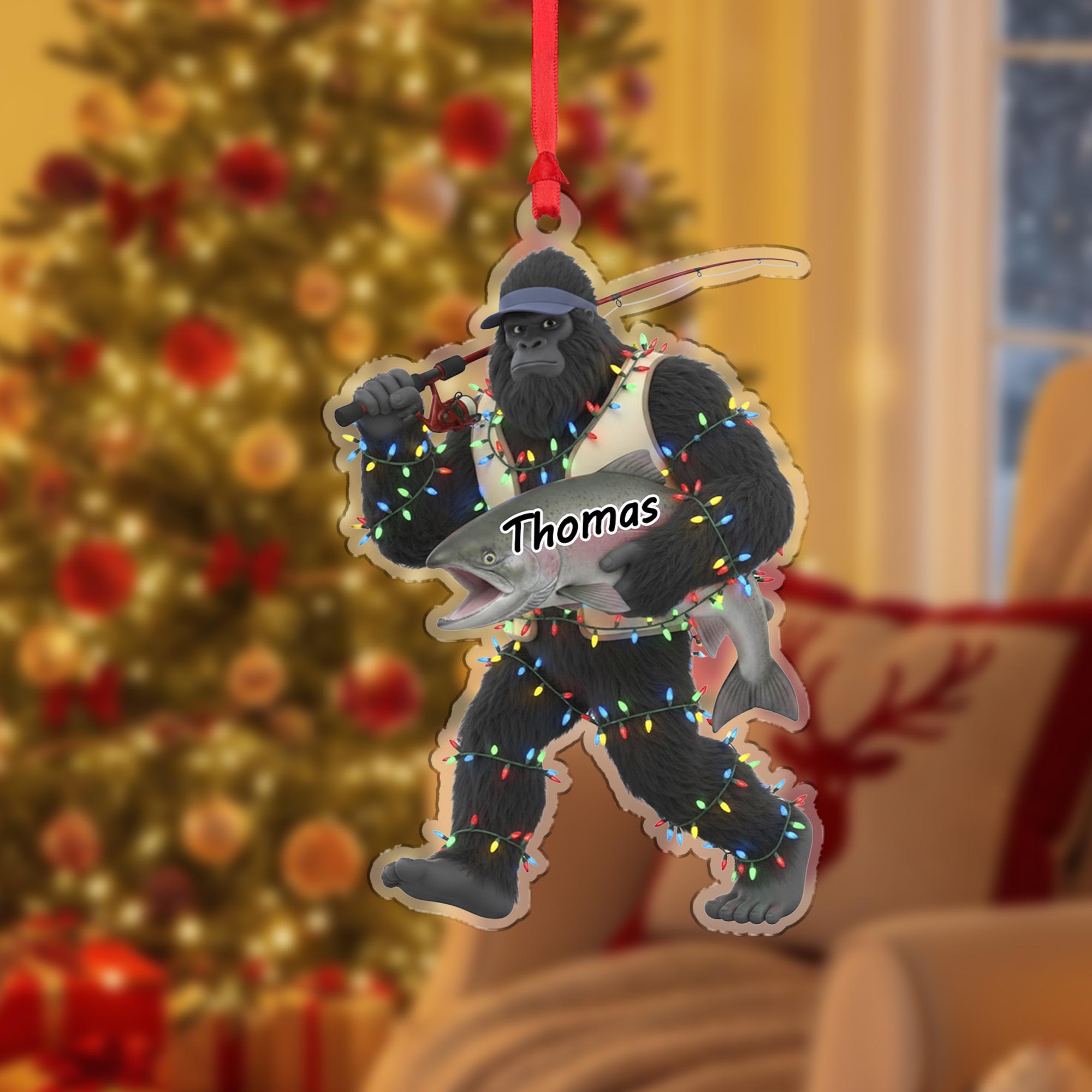 Personalized Sasquatch Bigfoot Fisherman Acrylic Ornament: Funny Fishing Christmas Decor