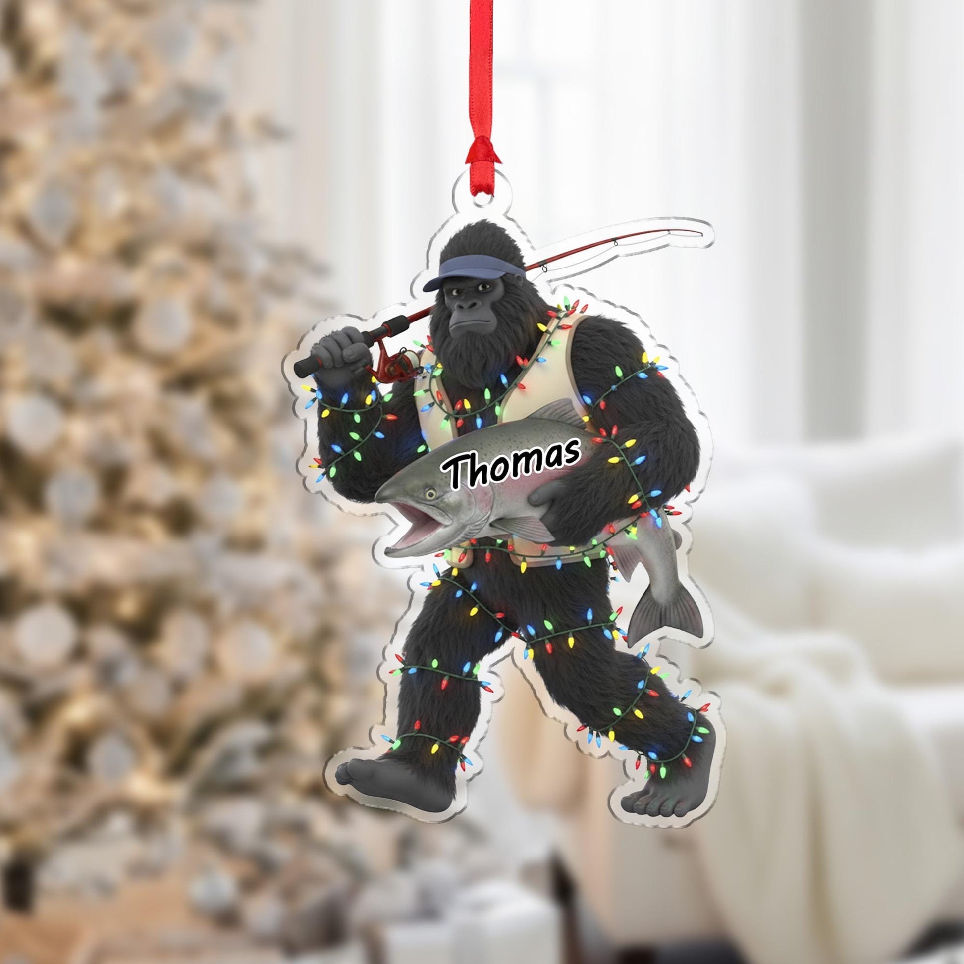 Personalized Sasquatch Bigfoot Fisherman Acrylic Ornament: Funny Fishing Christmas Decor