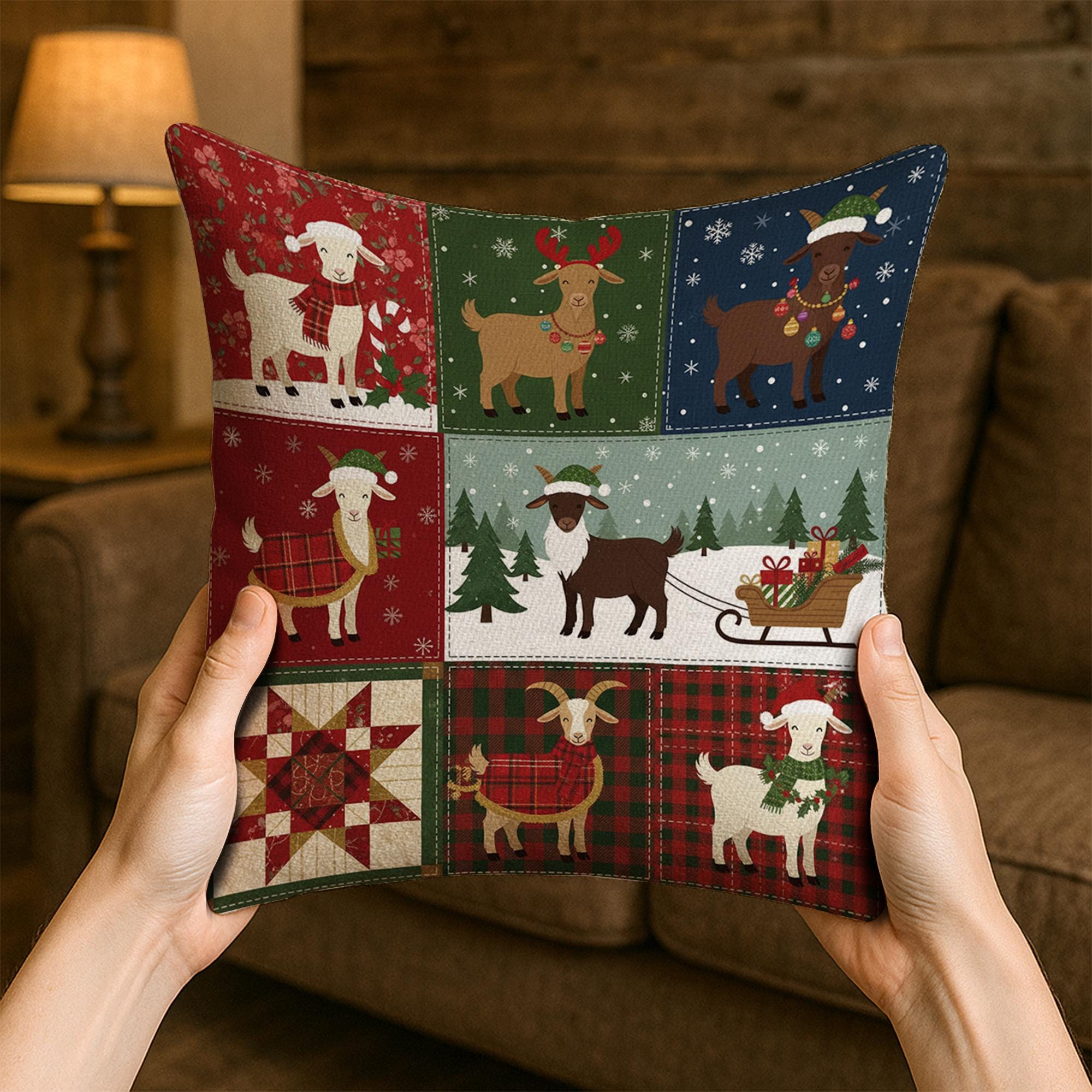 Christmas Goat Pillow – Farmhouse Holiday Throw Cushion, Festive Patchwork Decor