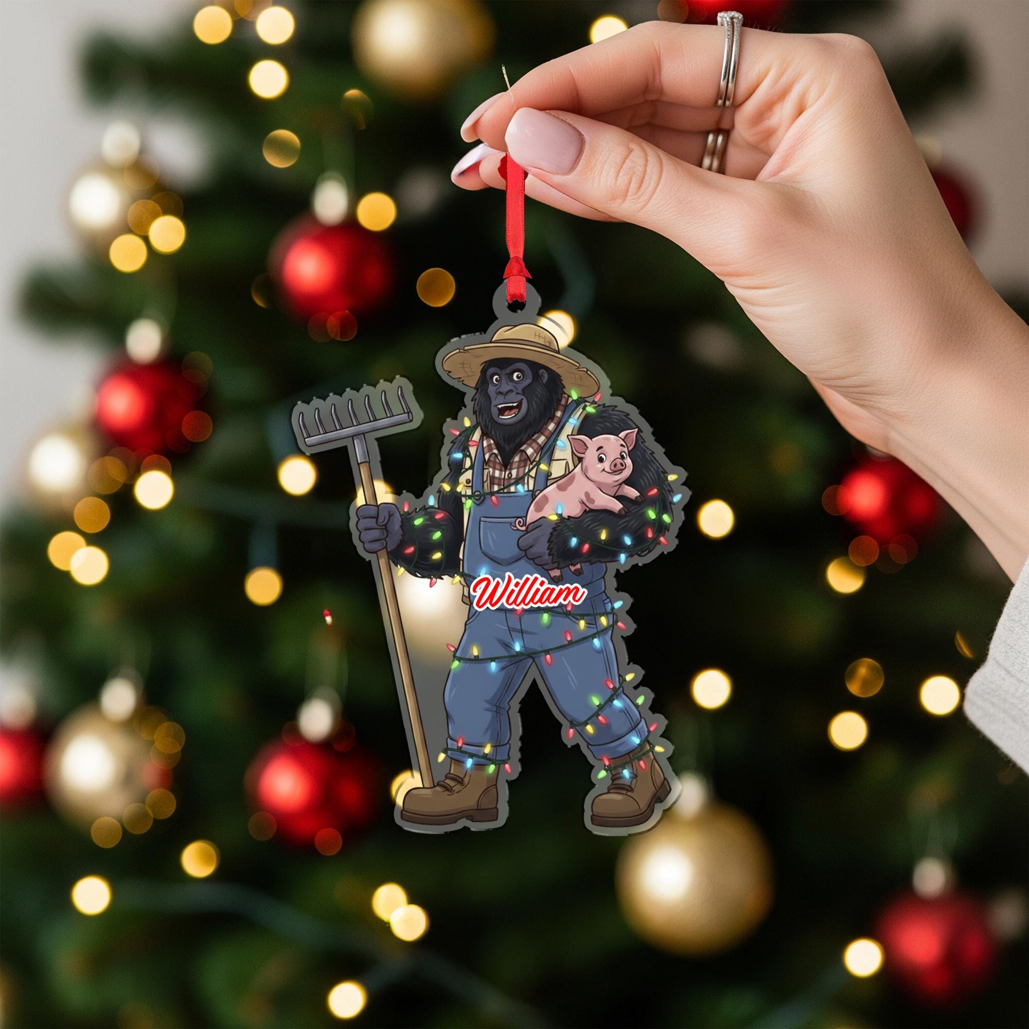 Personalized Sasquatch Farmer Acrylic Ornament: Farm Animal Christmas Decor