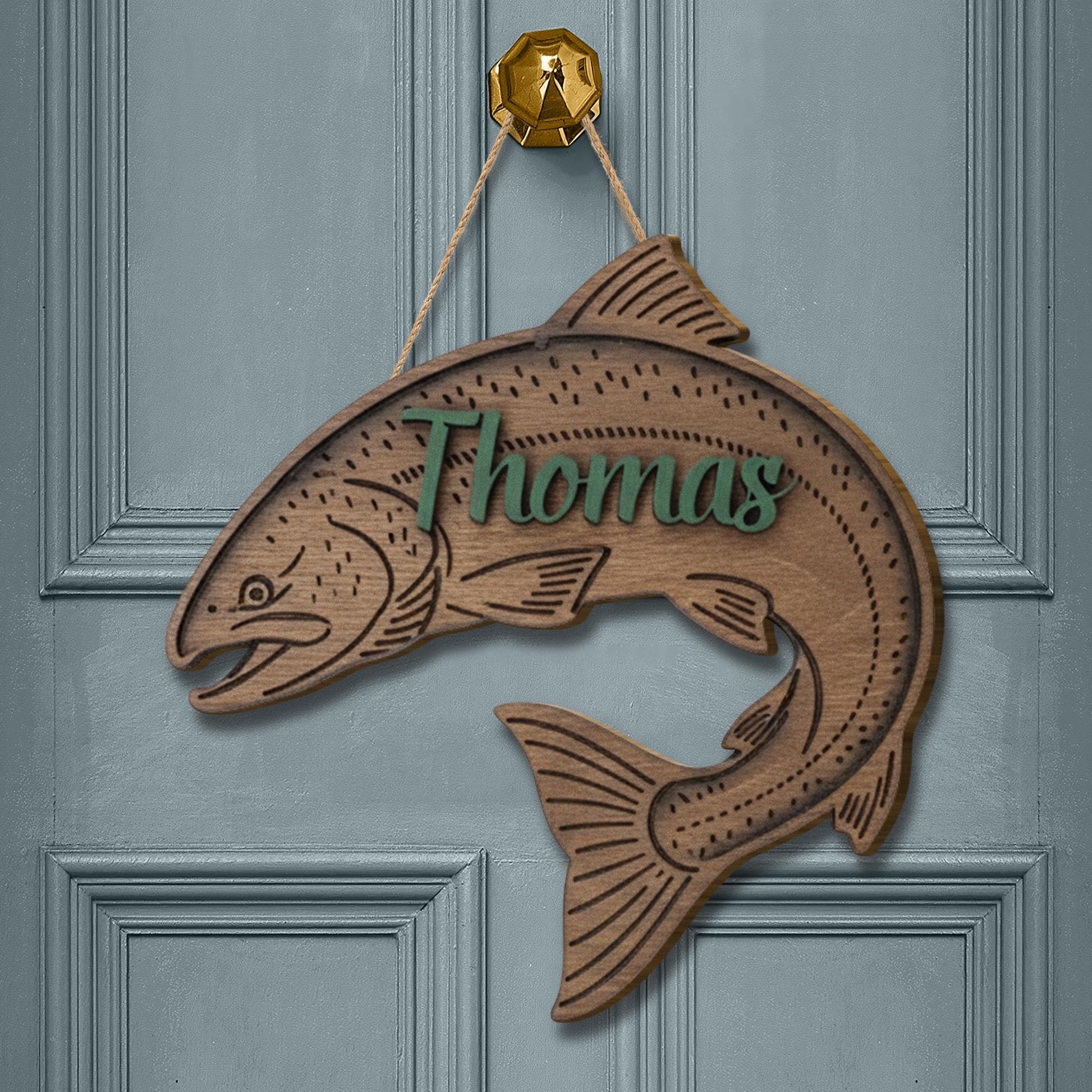 Personalized Salmon Fisher 2-Layer Wooden Sign: Fishing Nursery Decor