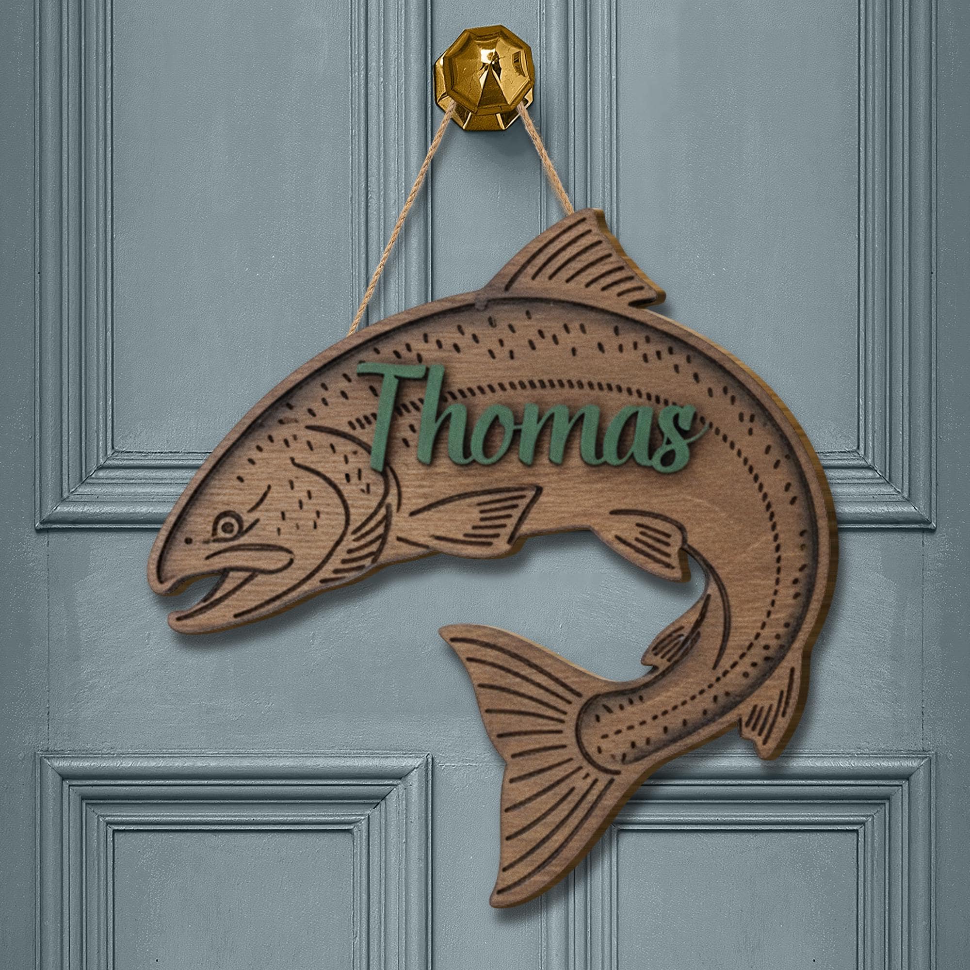 Personalized Salmon Fisher 2-Layer Wooden Sign: Fishing Nursery Decor
