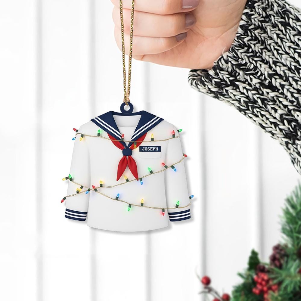 Personalized Sailor Ornament – Custom Name Christmas Tree Decoration with Navy Uniform and Lights