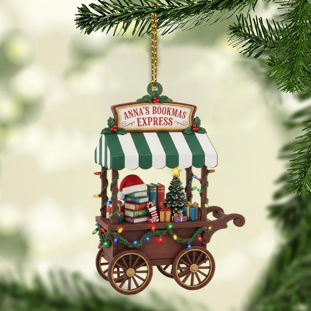 Custom Christmas Ornament Book Cart – Personalized Bookstore Holiday Tree Decoration with Lights