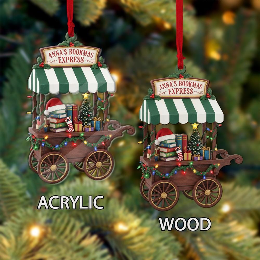 Custom Christmas Ornament Book Cart – Personalized Bookstore Holiday Tree Decoration with Lights