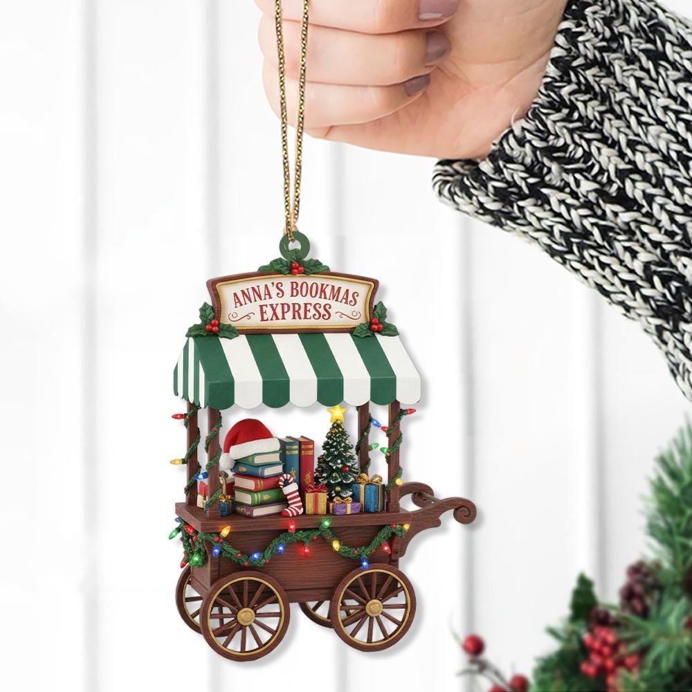 Custom Christmas Ornament Book Cart – Personalized Bookstore Holiday Tree Decoration with Lights