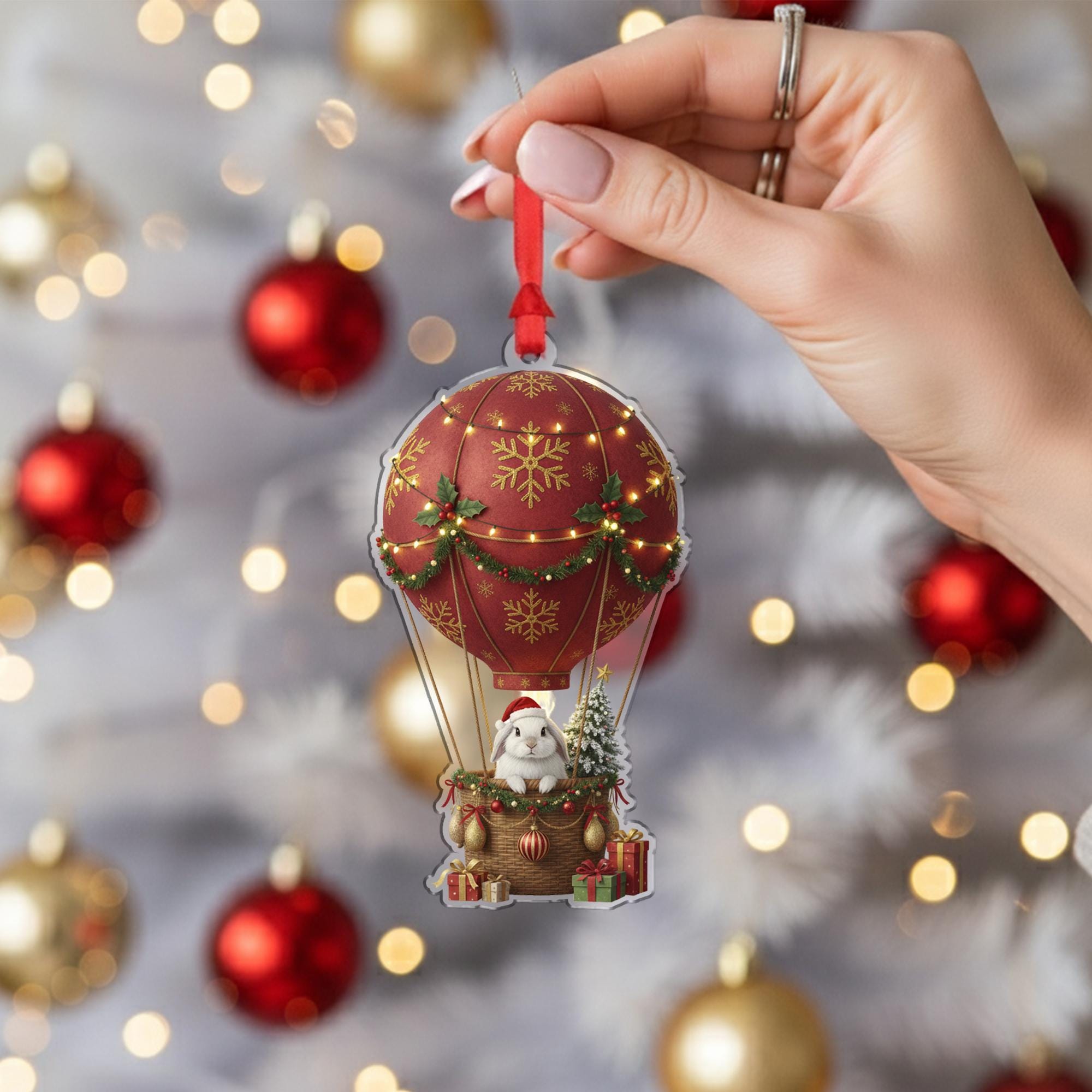 Christmas Hot Air Balloon Ornament with Bunny and Gifts – Red Gold Snowflake Design