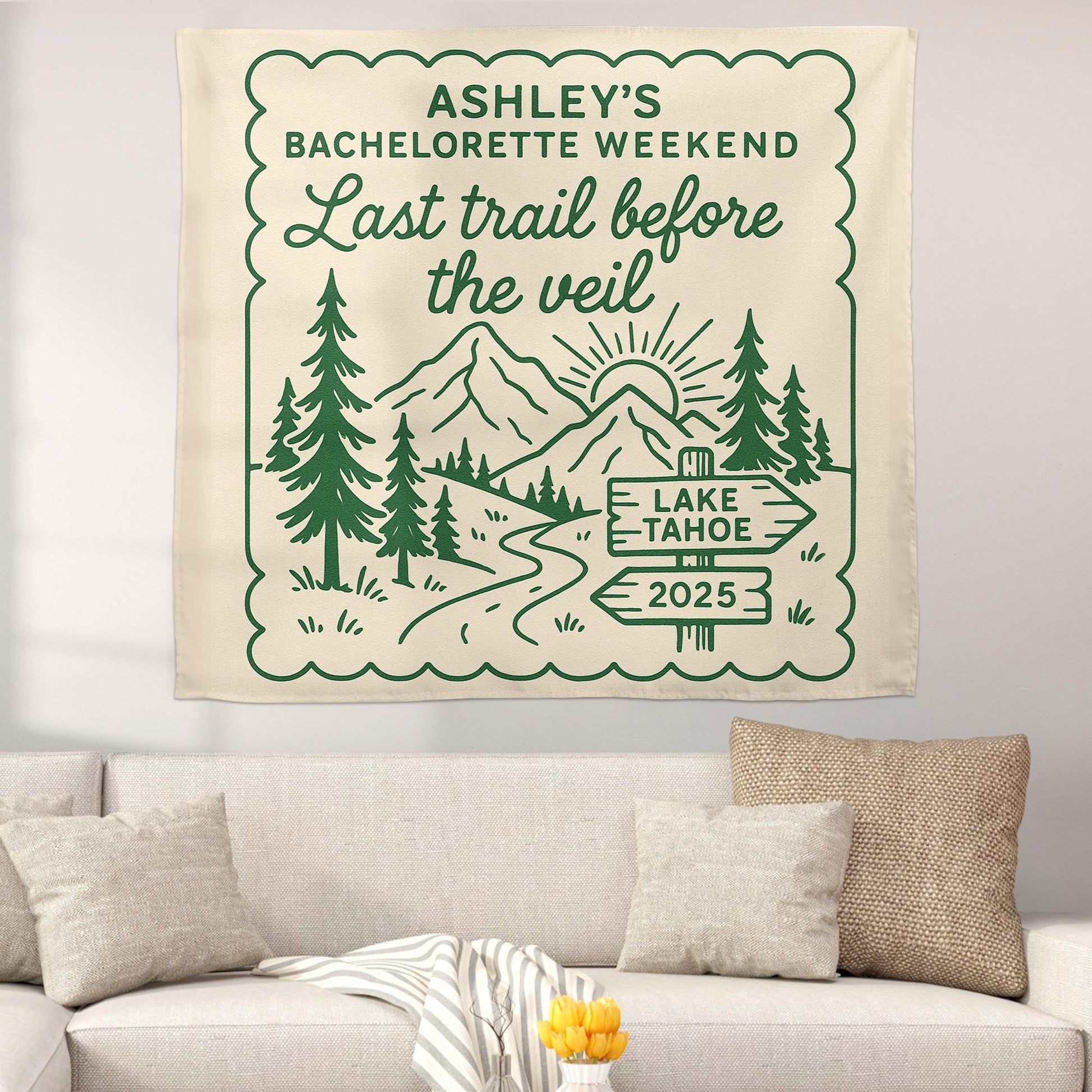 Custom Bachelorette Tapestry: Lake Tahoe Hiking Theme Wall Hanging