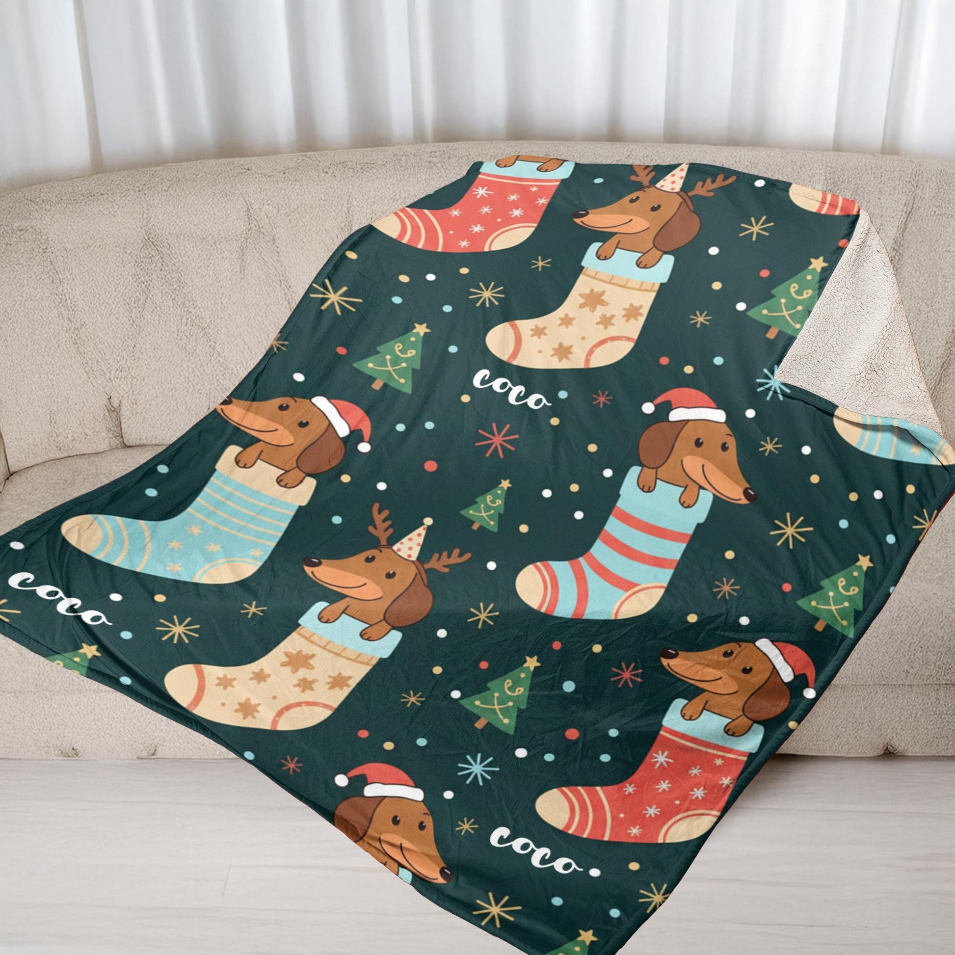Custom Dog Christmas Blanket – Personalized Dog Stocking Throw with Holiday Pattern