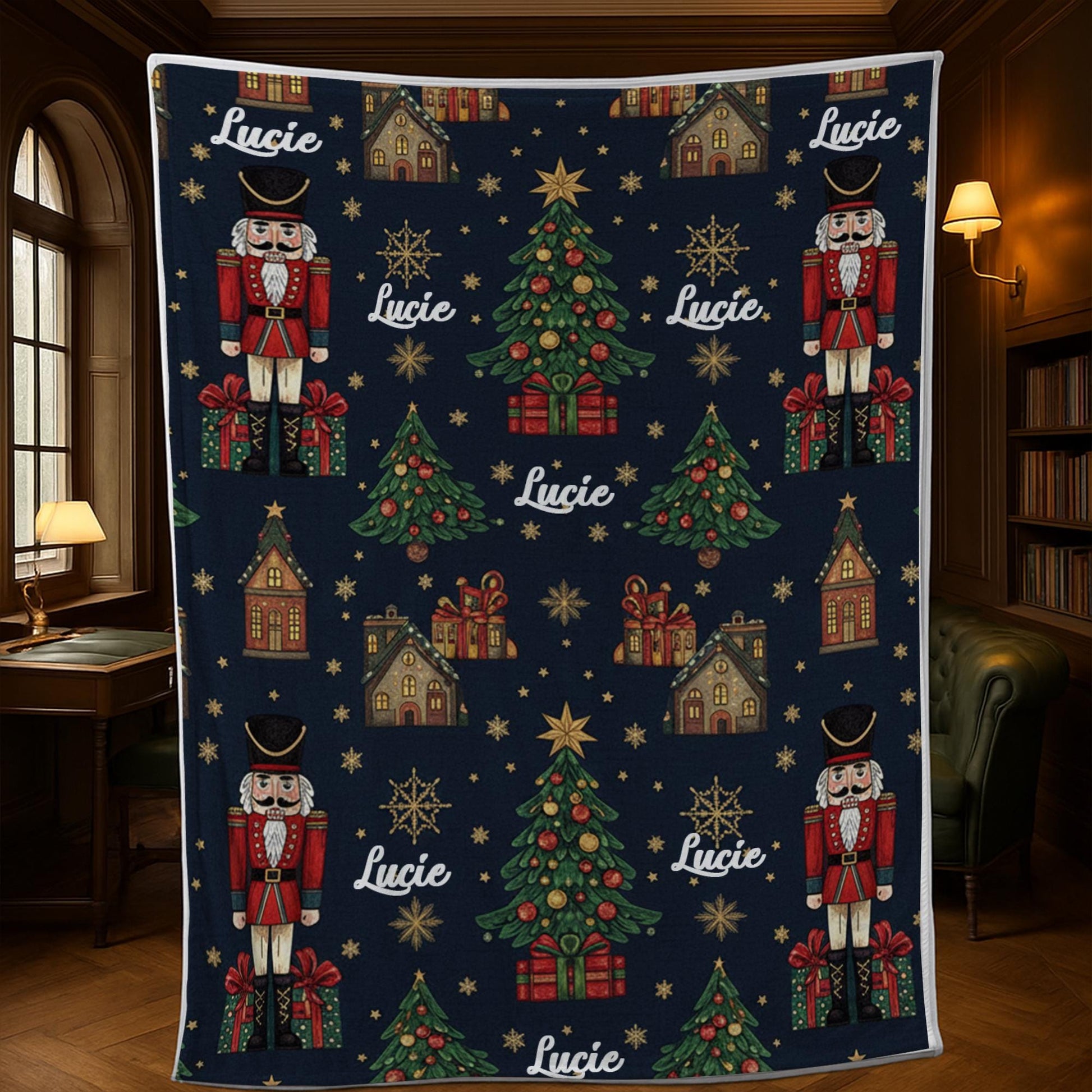 Custom Christmas Blanket with Nutcracker, Holiday Tree and Name Personalization – Cozy Winter Throw