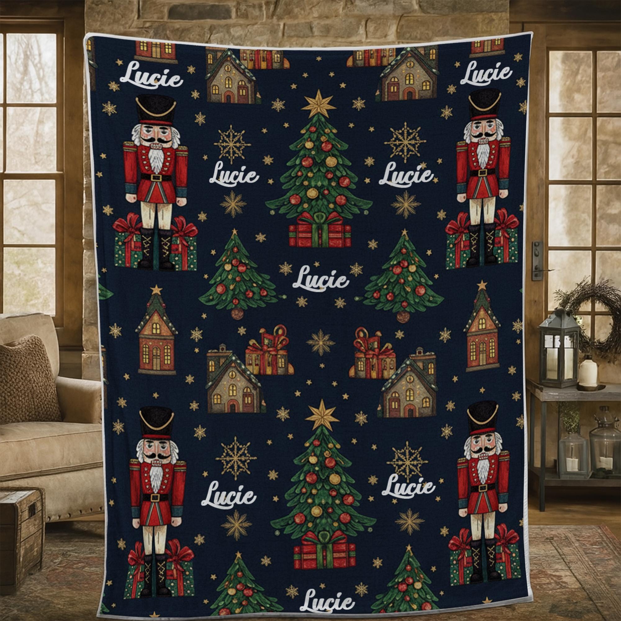Custom Christmas Blanket with Nutcracker, Holiday Tree and Name Personalization – Cozy Winter Throw