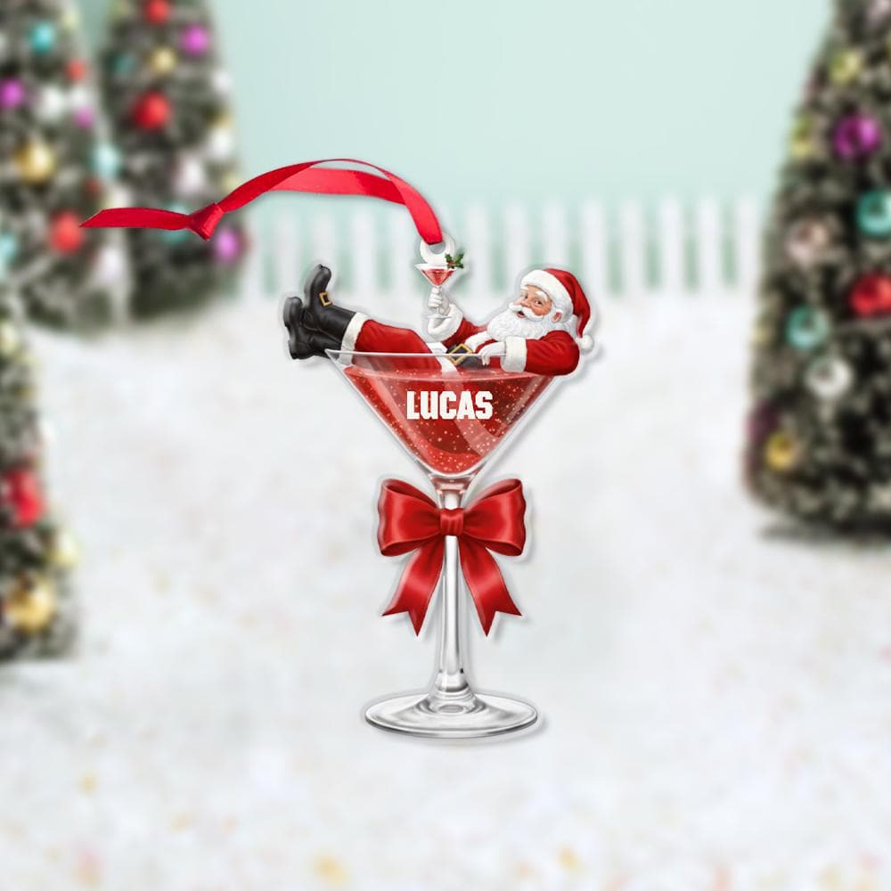 Personalized Santa in Cocktail Glass Ornament – Custom Name Christmas Tree Decoration