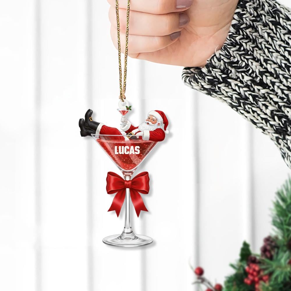 Personalized Santa in Cocktail Glass Ornament – Custom Name Christmas Tree Decoration