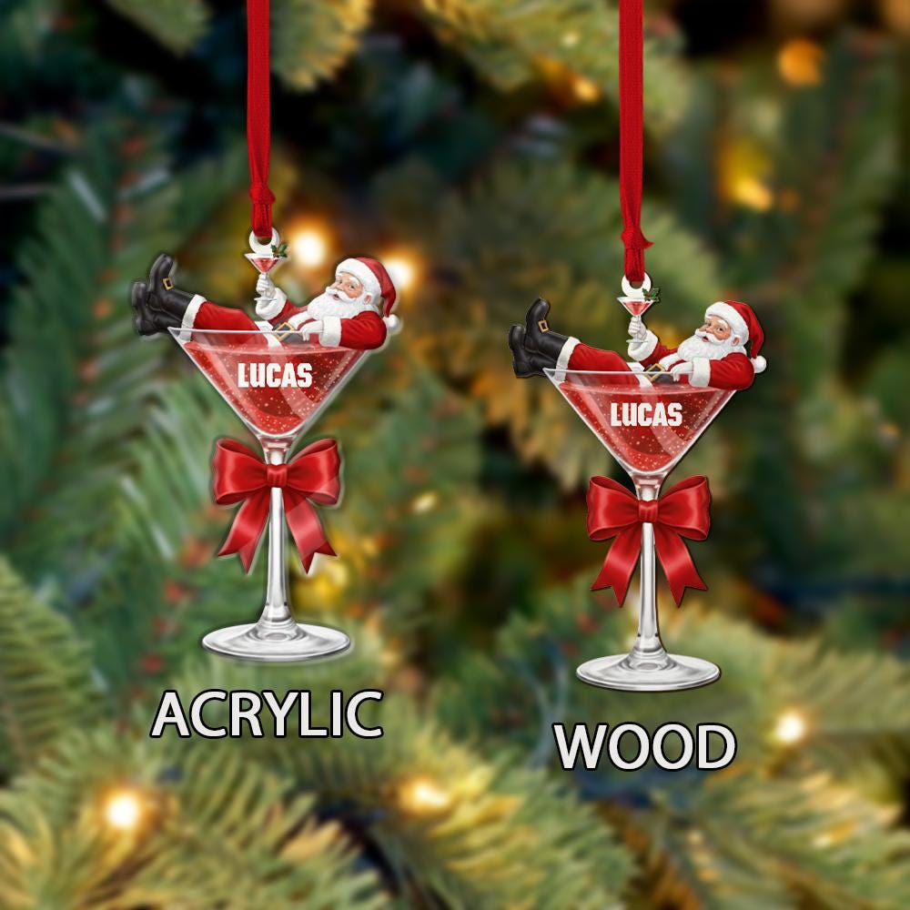 Personalized Santa in Cocktail Glass Ornament – Custom Name Christmas Tree Decoration